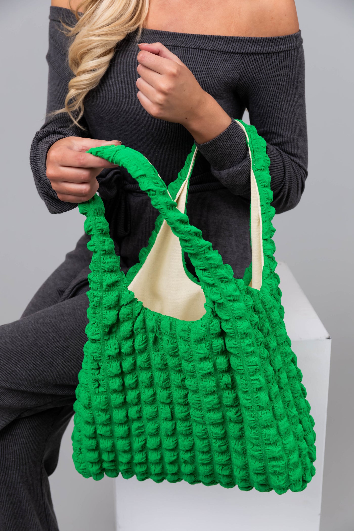 Kiwi Puff Square Textured Handbag