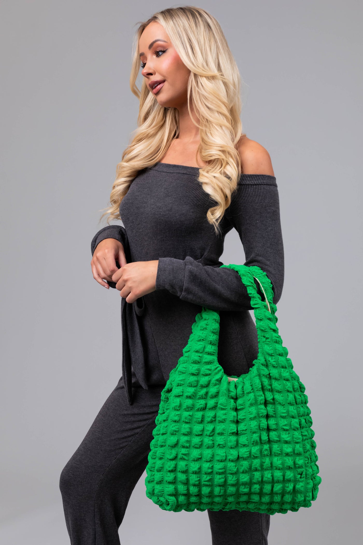 Kiwi Puff Square Textured Handbag
