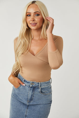 Latte 3/4 Sleeve Surplice Brushed Knit Top