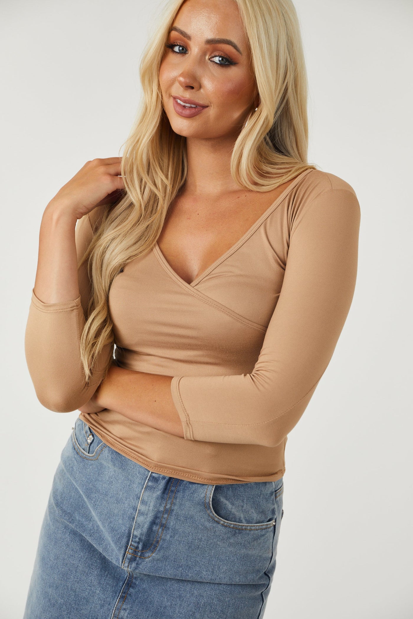 Latte 3/4 Sleeve Surplice Brushed Knit Top
