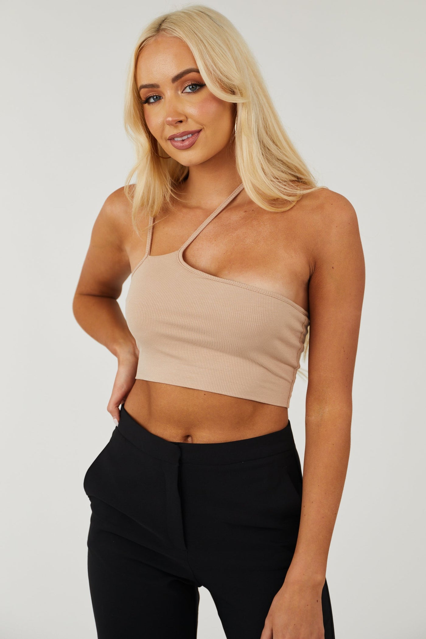 Latte Asymmetrical Neck Ribbed Knit Crop Top