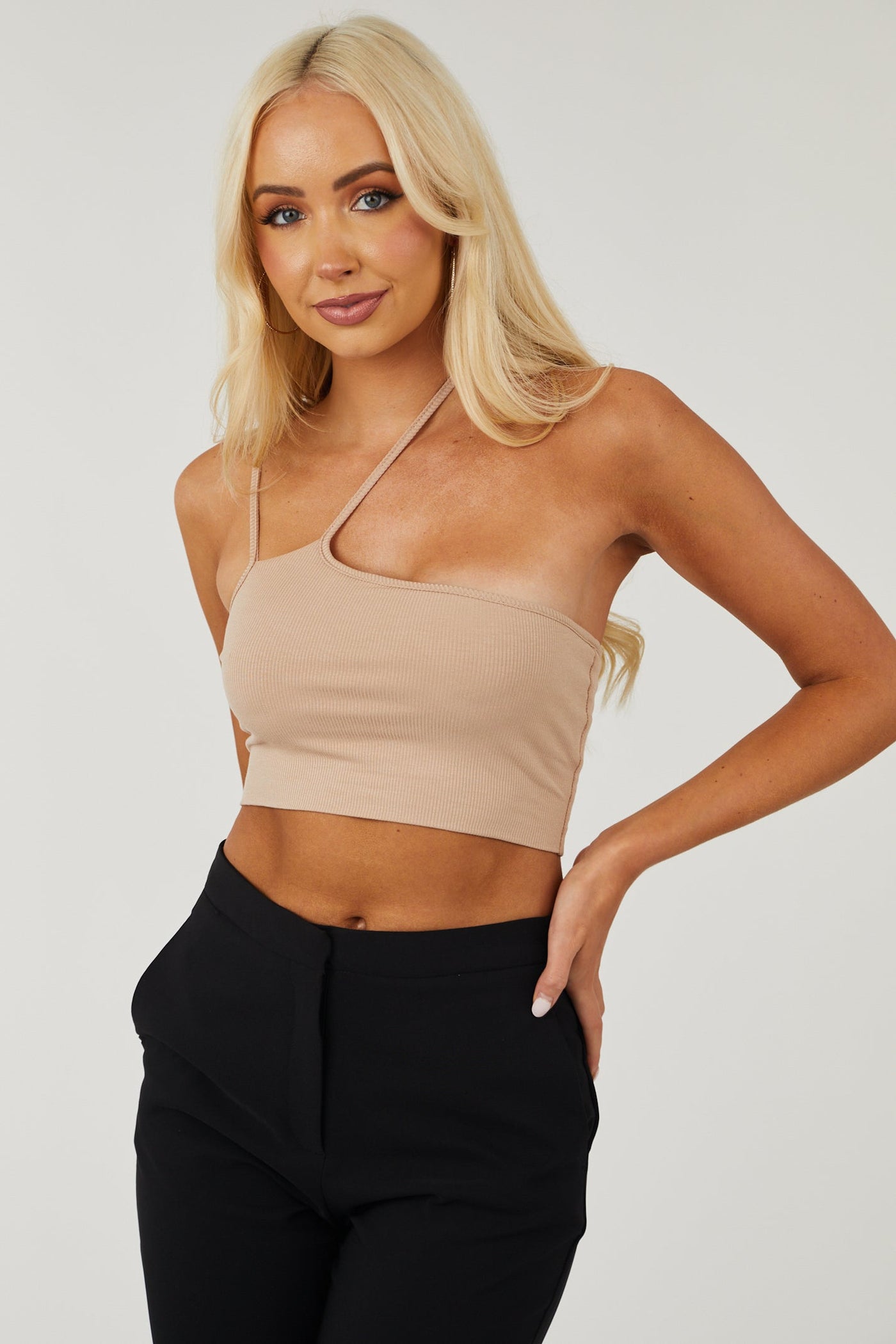 Latte Asymmetrical Neck Ribbed Knit Crop Top