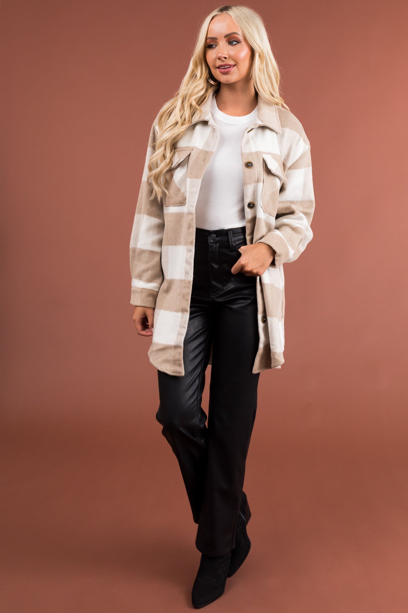 Latte Buffalo Plaid Longline Fleece Shacket