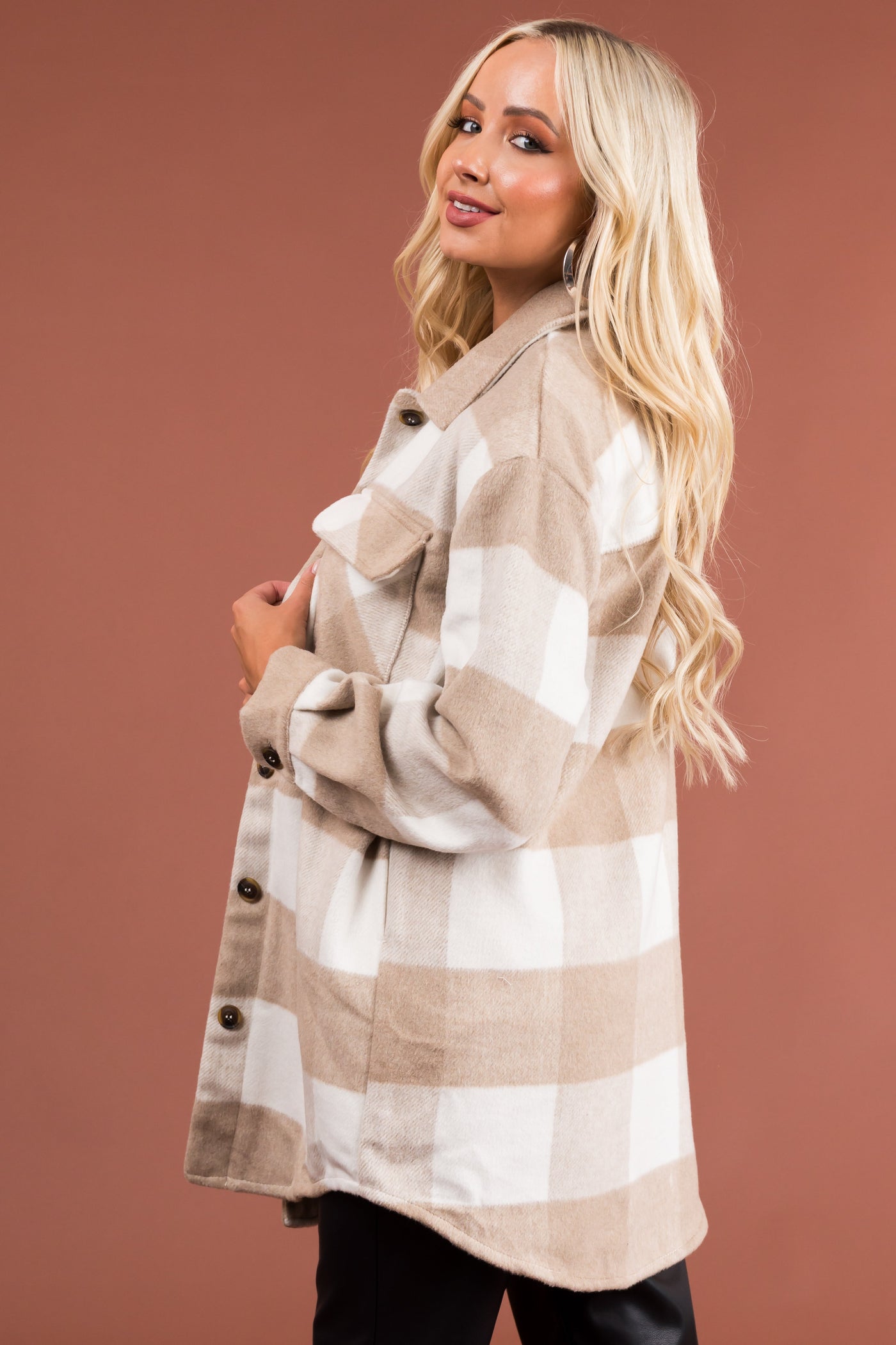 Latte Buffalo Plaid Longline Fleece Shacket