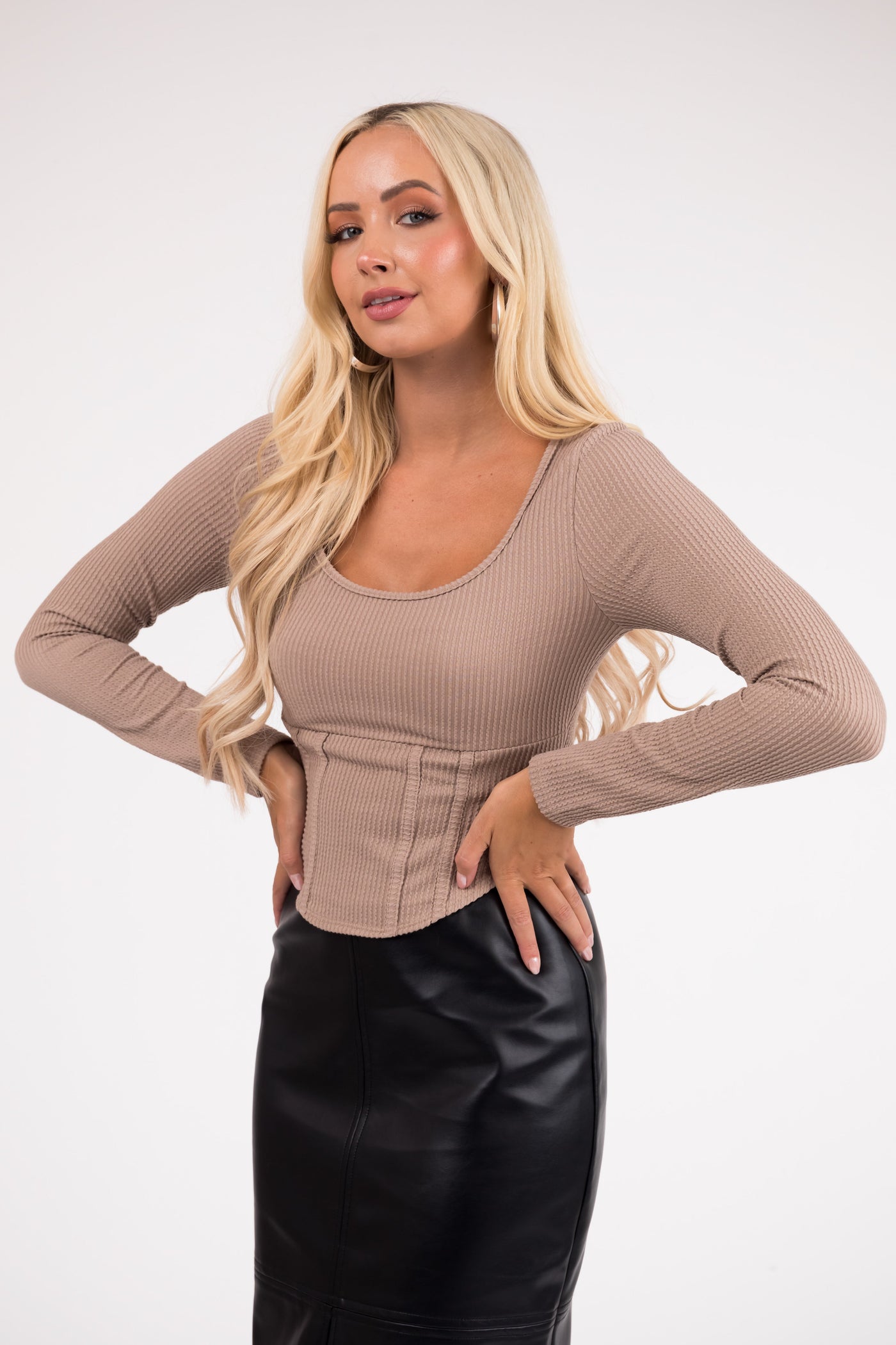 Latte Corset Hem Ribbed Babydoll Crop Top
