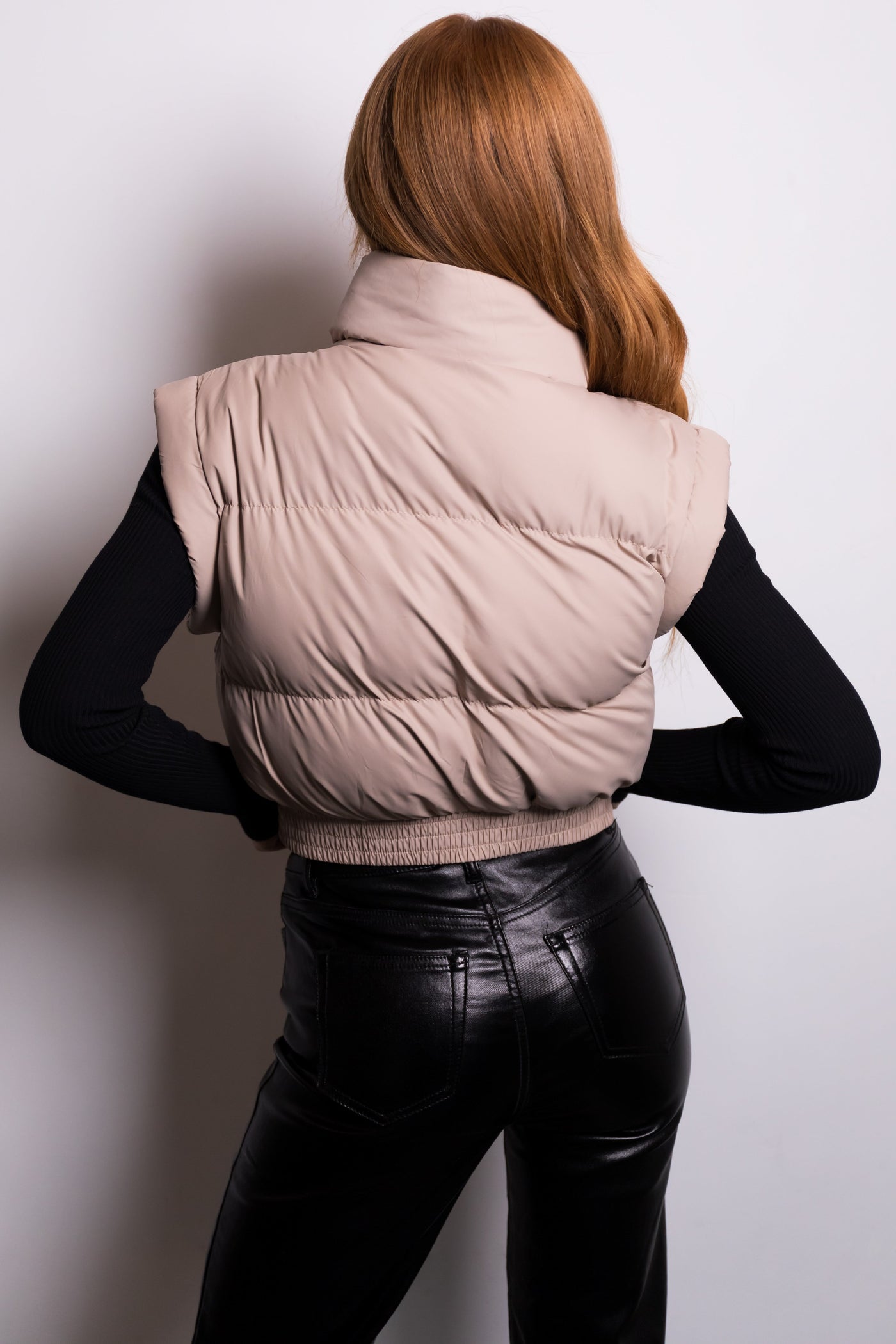 Latte Elastic Hem Zip Up Puffer Vest