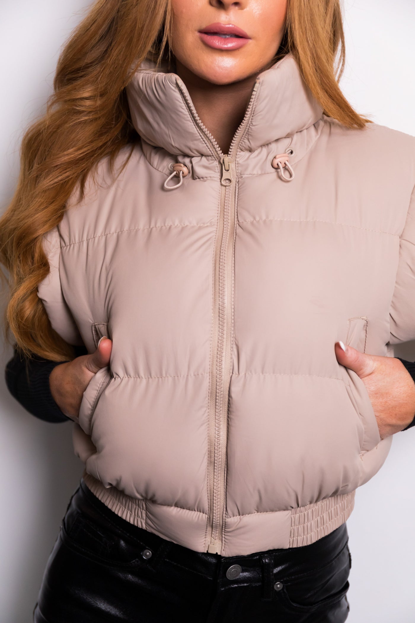 Latte Elastic Hem Zip Up Puffer Vest
