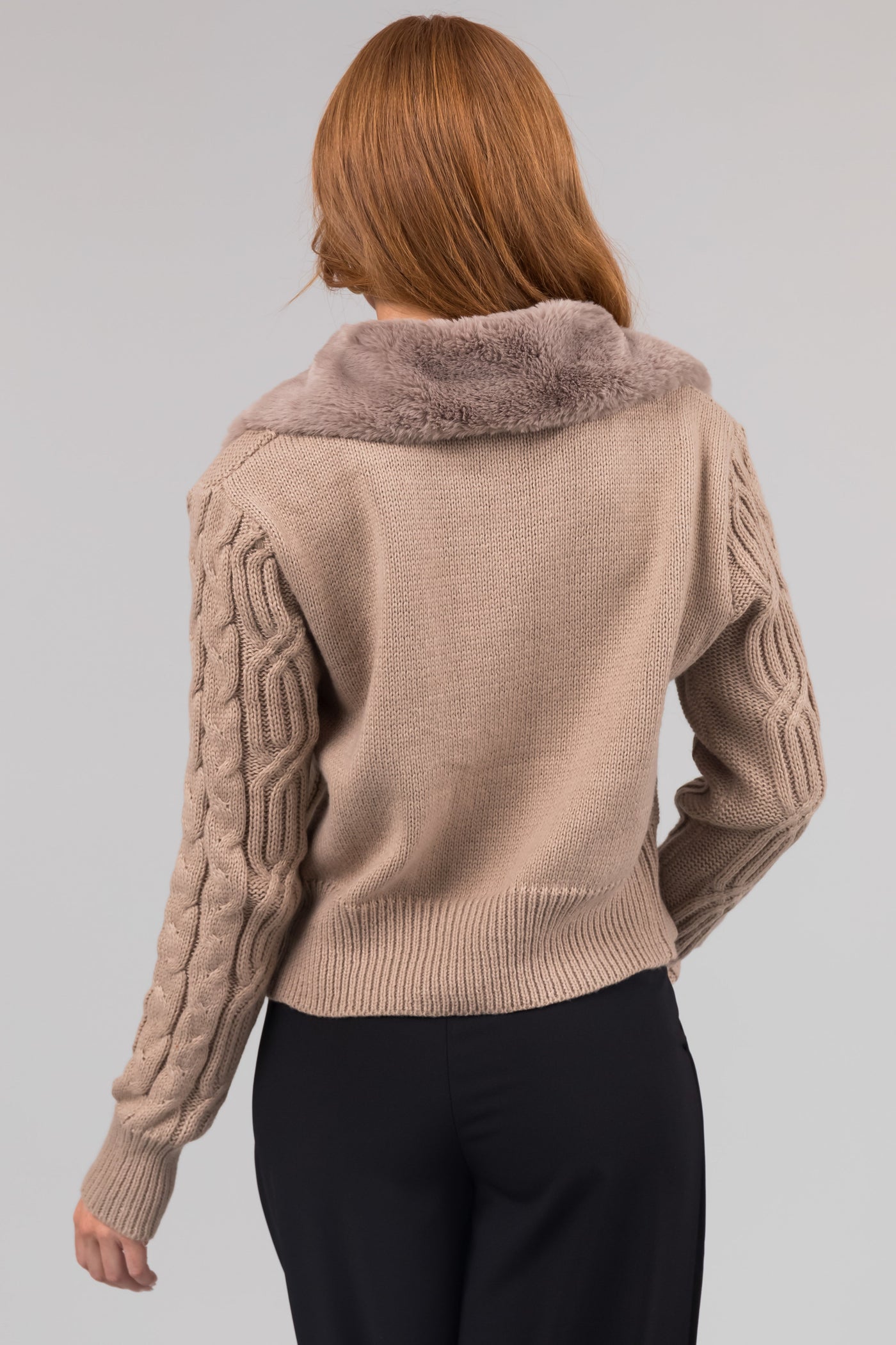 Latte Faux Fur Collar Cable Knit Cardigan
