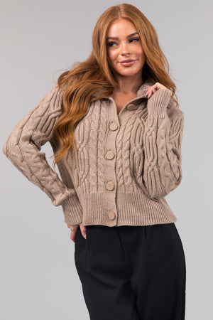 Latte Faux Fur Collar Cable Knit Cardigan