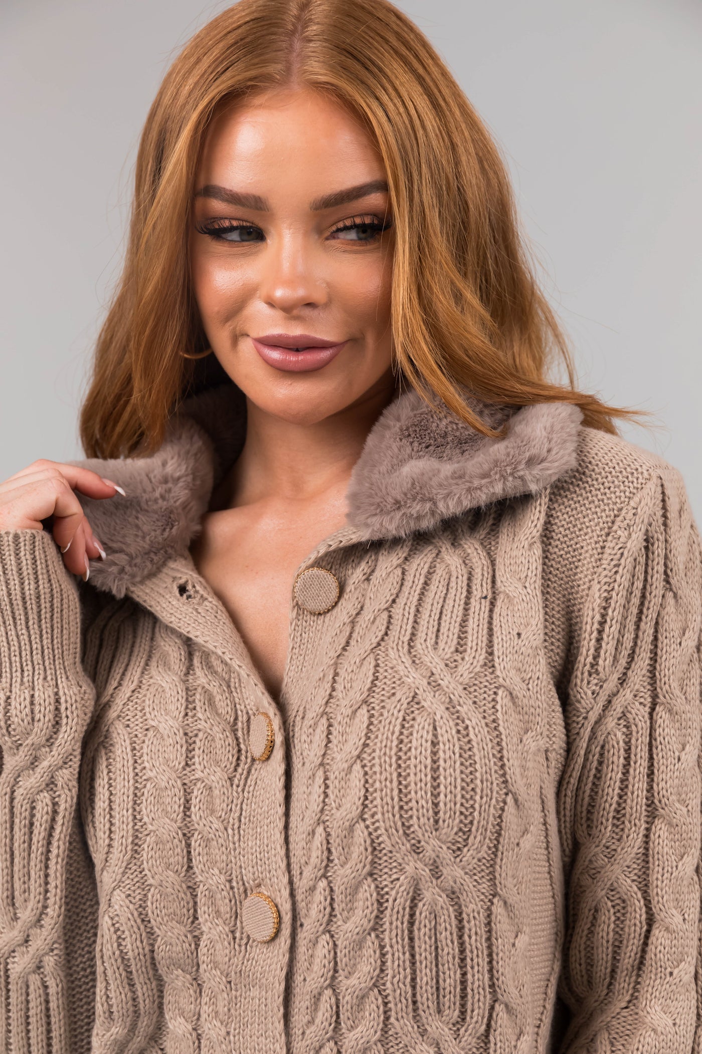 Latte Faux Fur Collar Cable Knit Cardigan