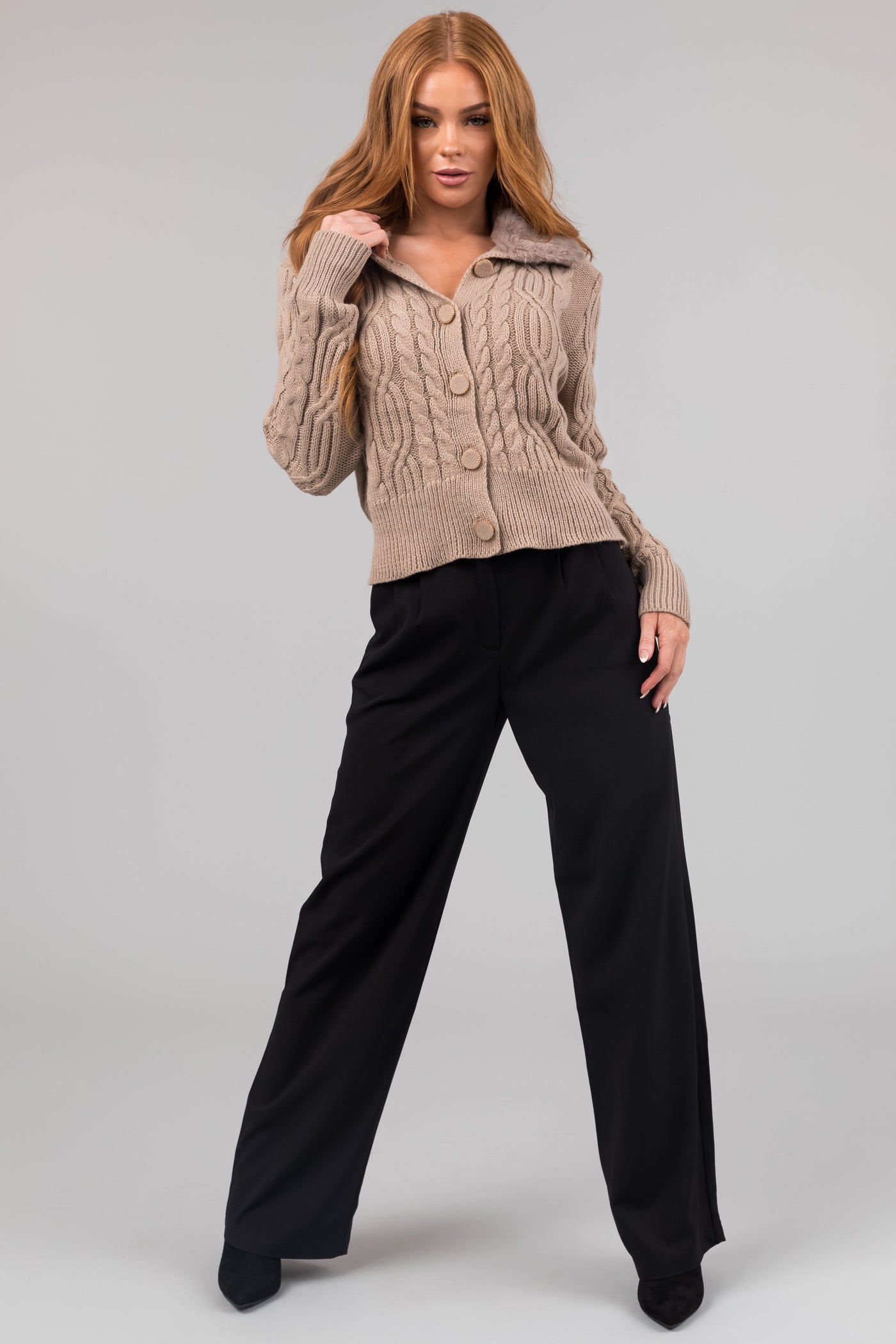 Latte Faux Fur Collar Cable Knit Cardigan