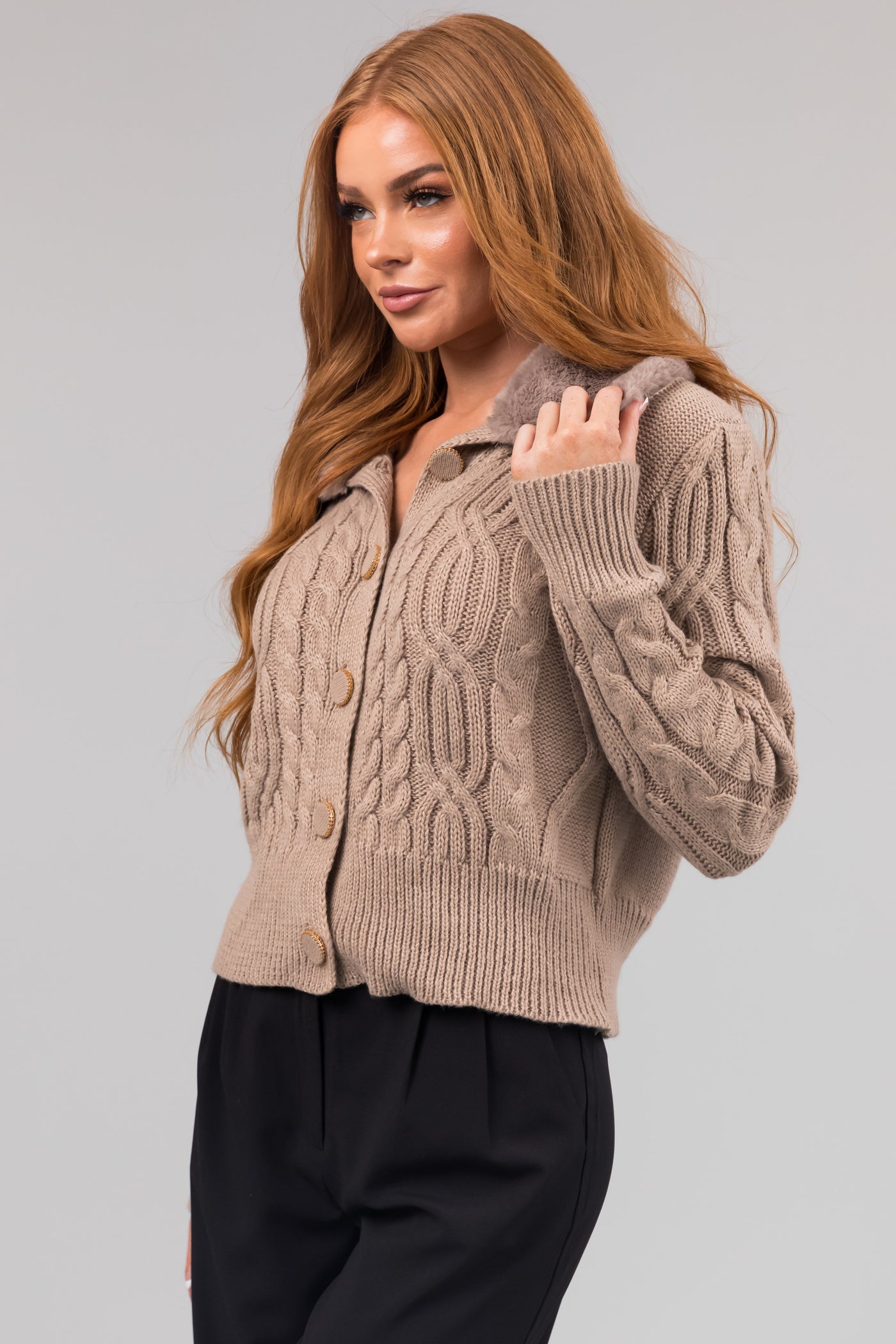 Latte Faux Fur Collar Cable Knit Cardigan