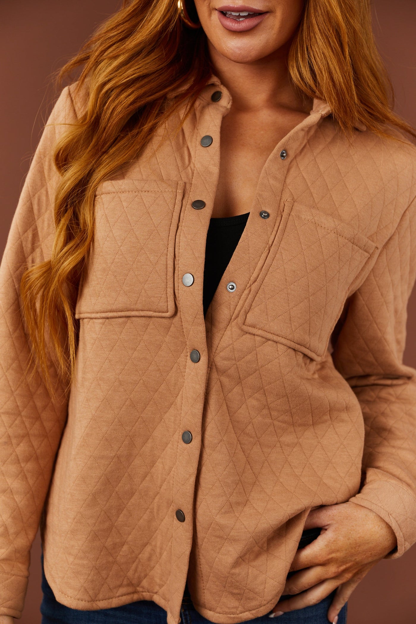 Latte Long Sleeve Quilted Shacket with Pockets