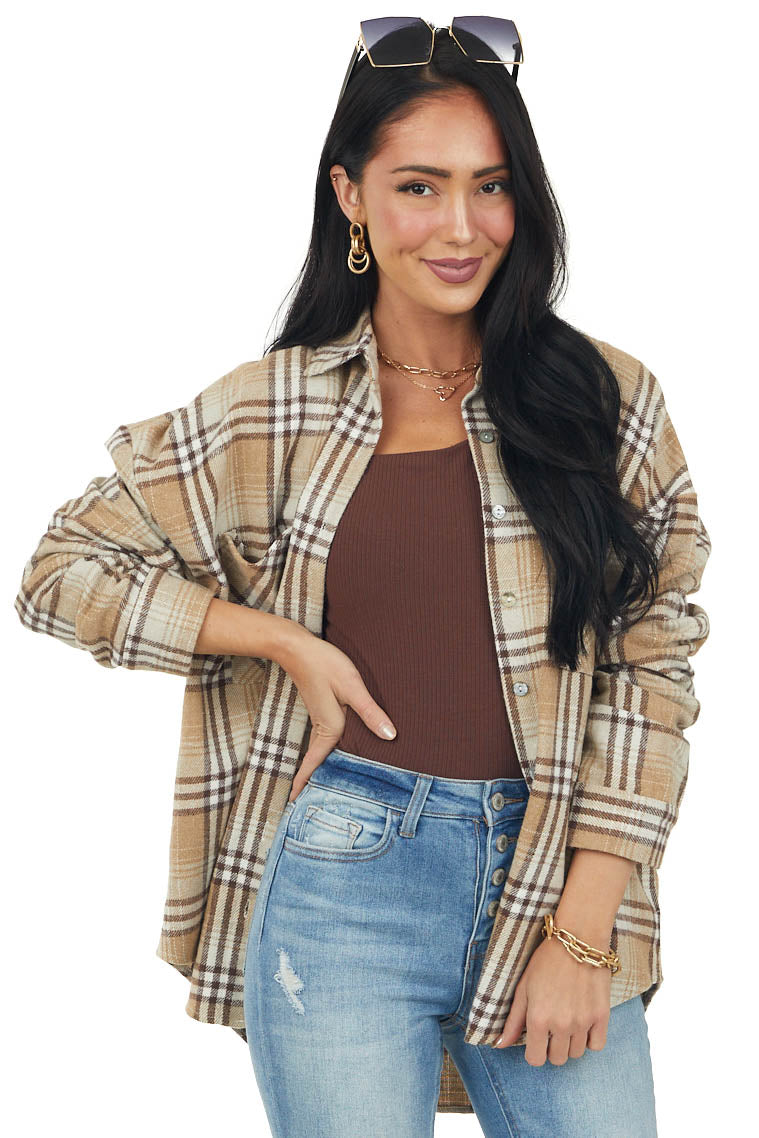 Latte Plaid Soft Fleece Chest Pocket Flannel