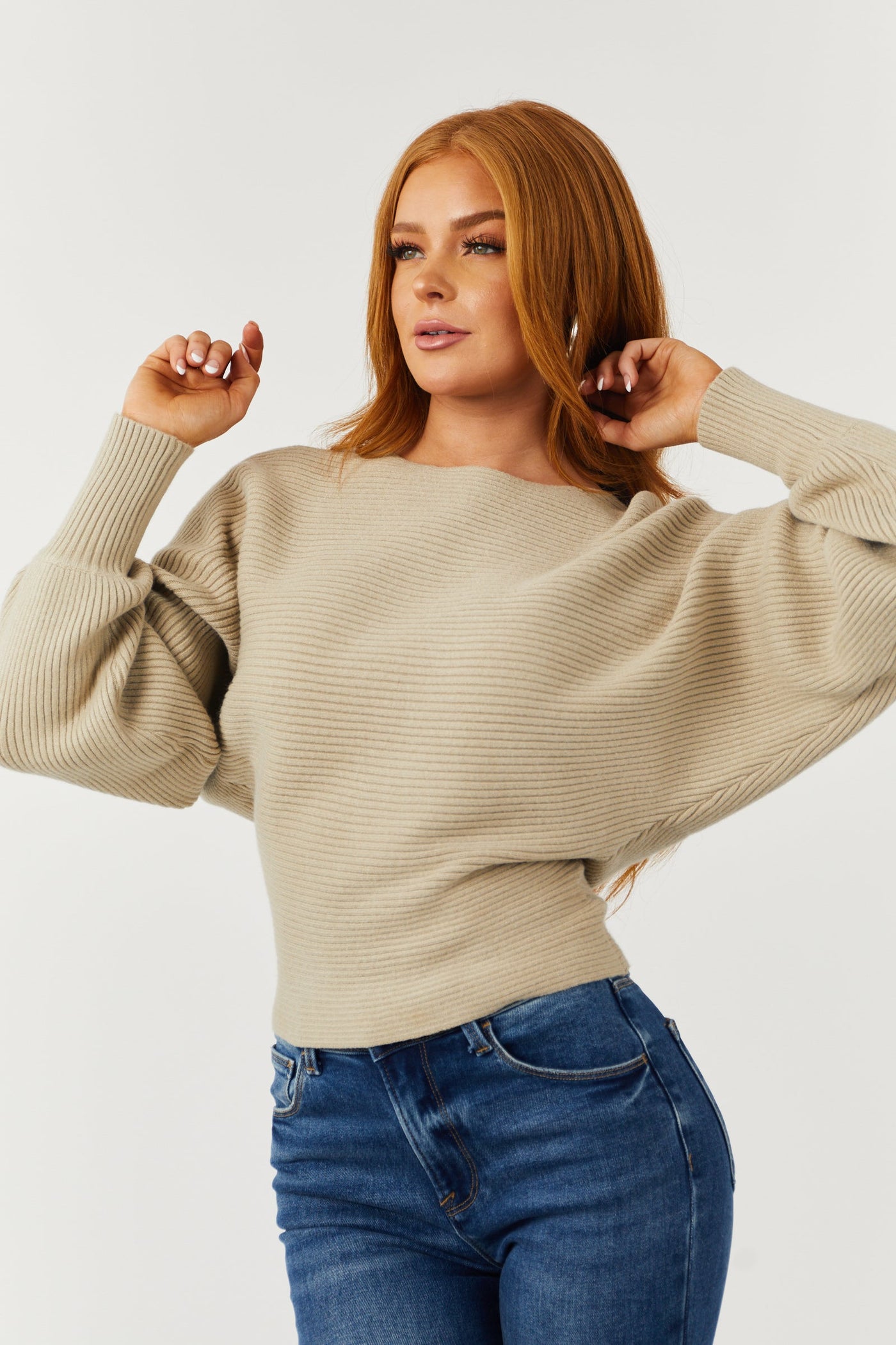 Latte Ribbed Dolman Sleeve Soft Sweater