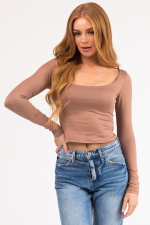 Latte Scoop Neck Long Sleeve Crop Top