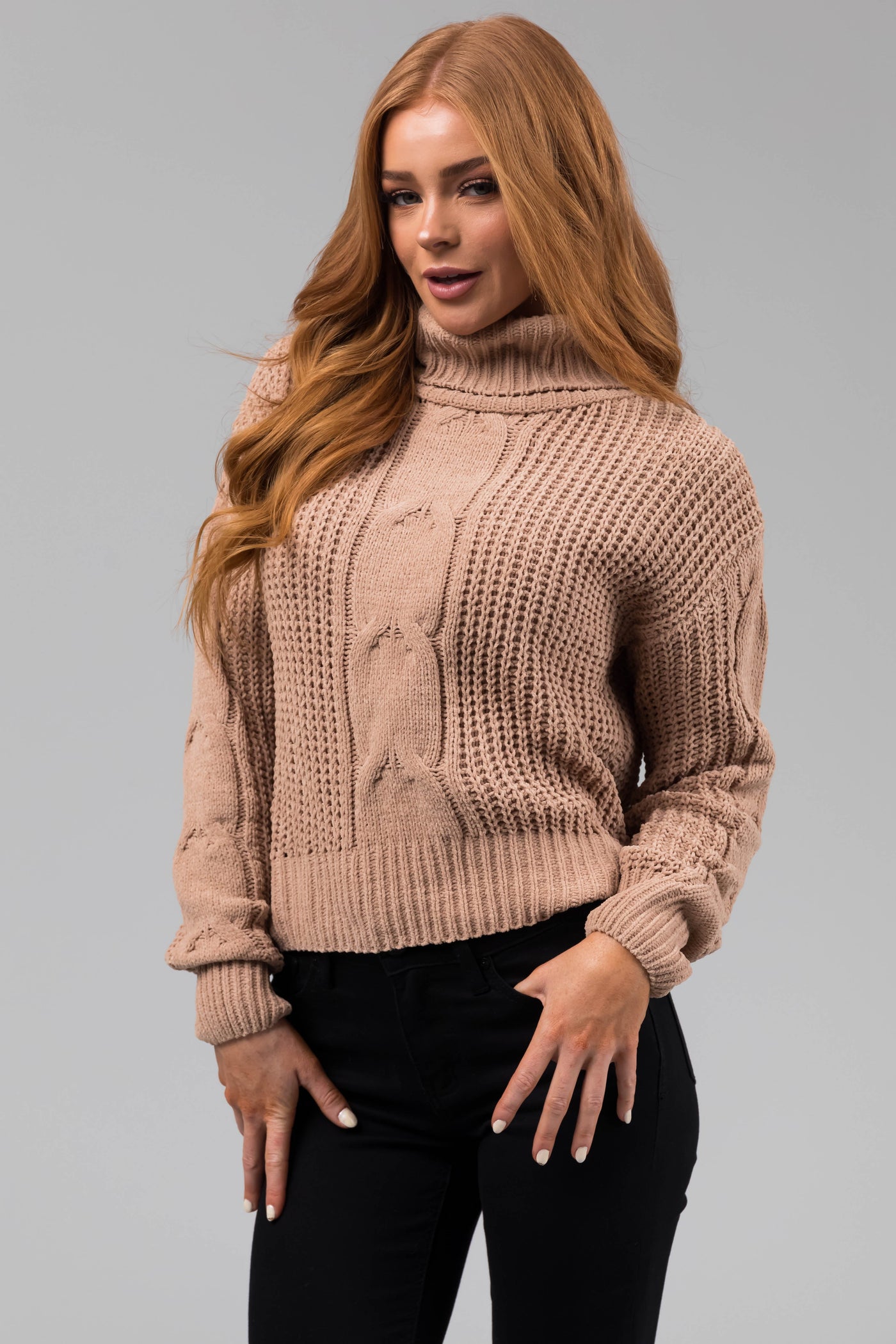 Latte Turtleneck Cable Knit Chenille Sweater