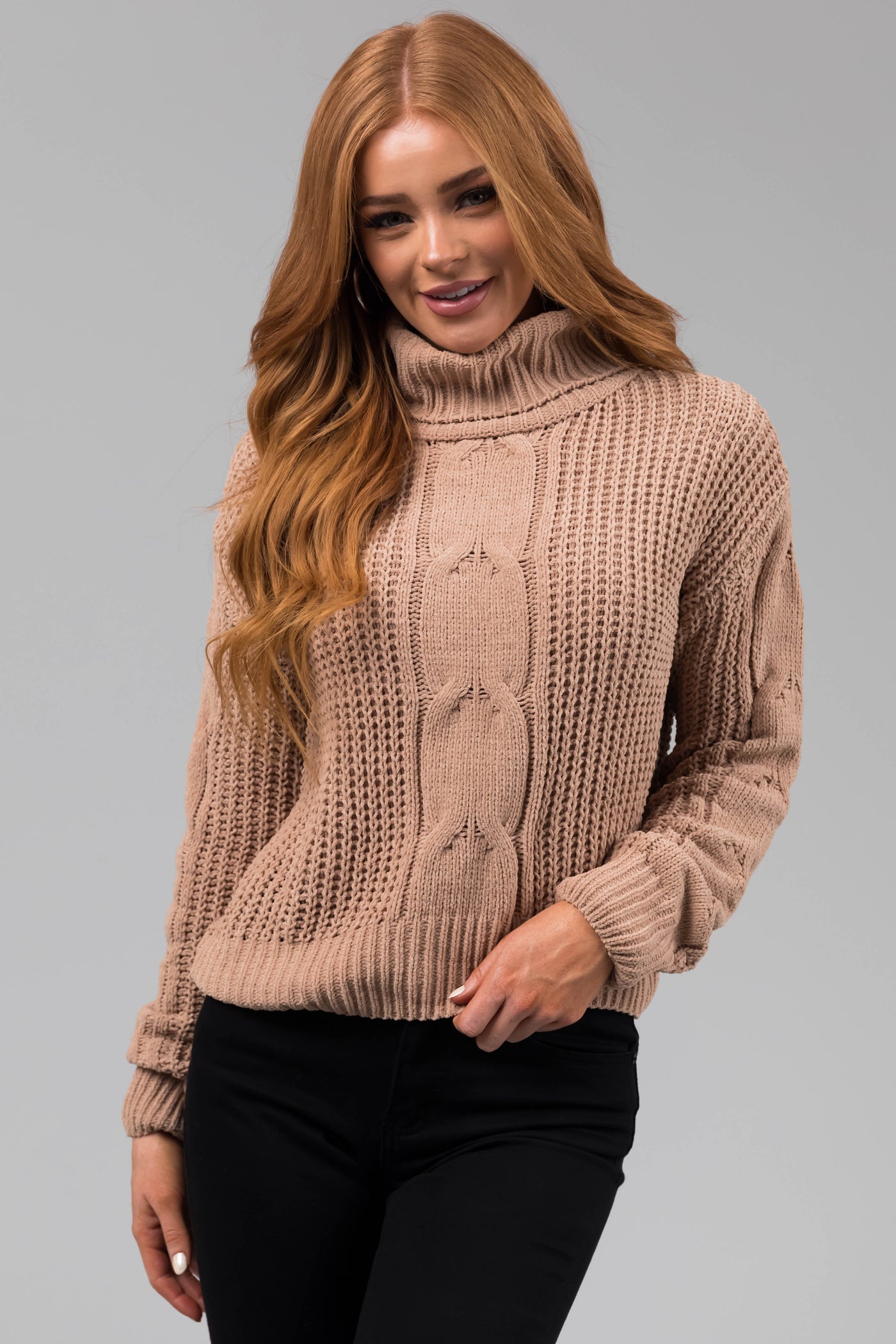 Latte Turtleneck Cable Knit Chenille Sweater