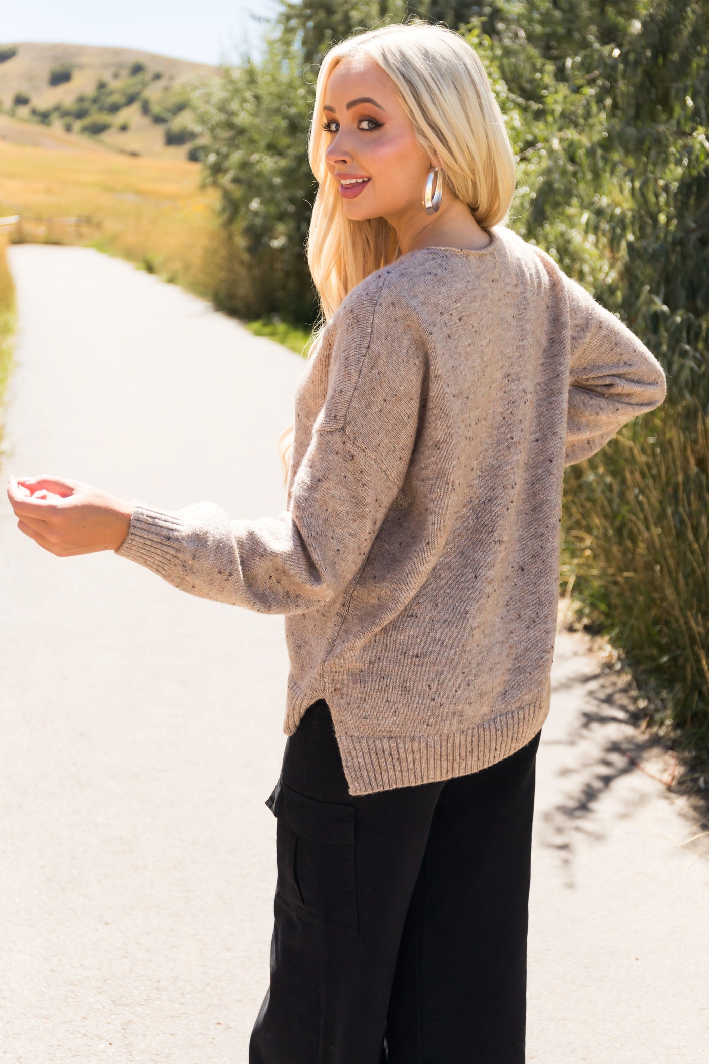 Latte V Neck Speckled Knit Sweater