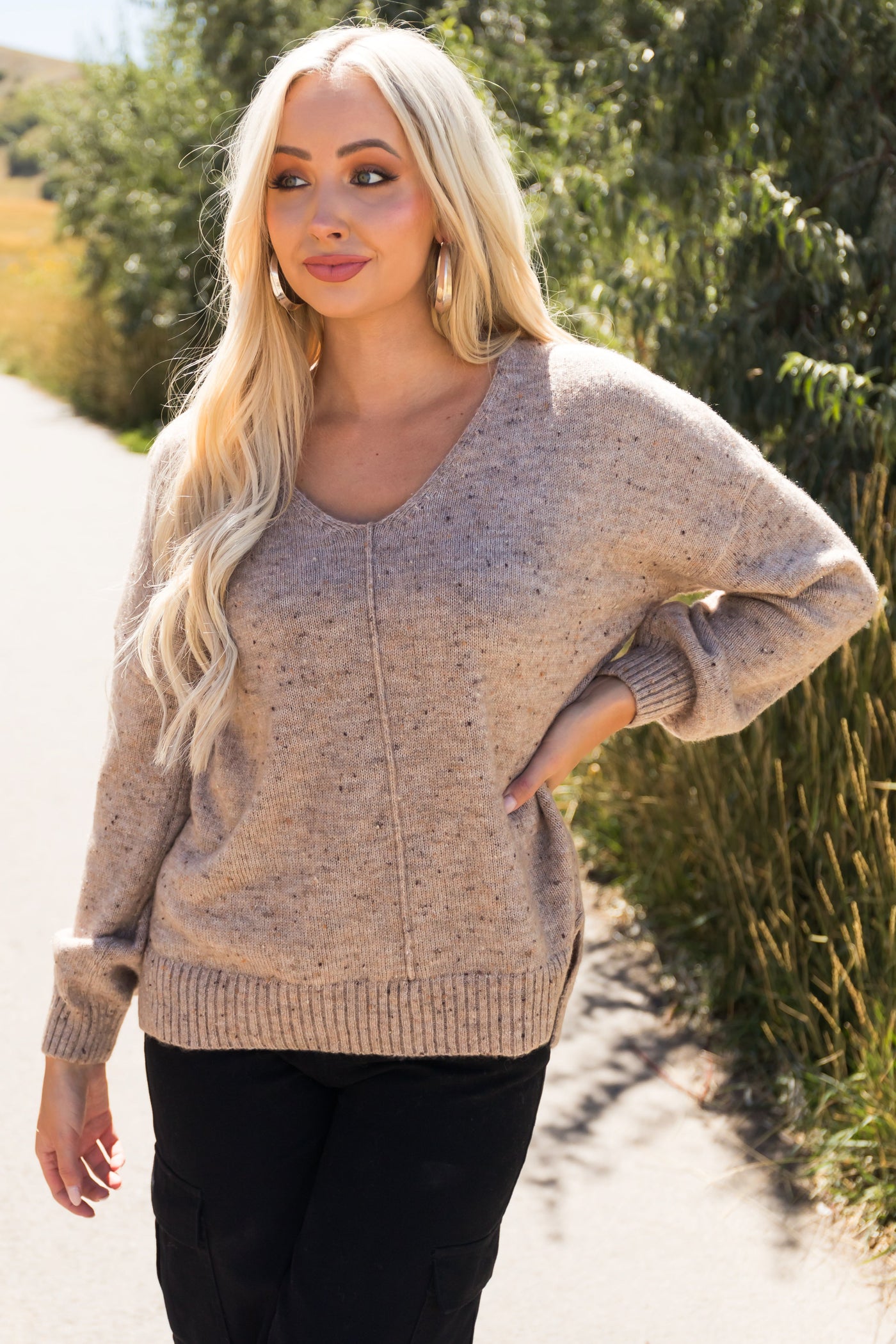 Latte V Neck Speckled Knit Sweater