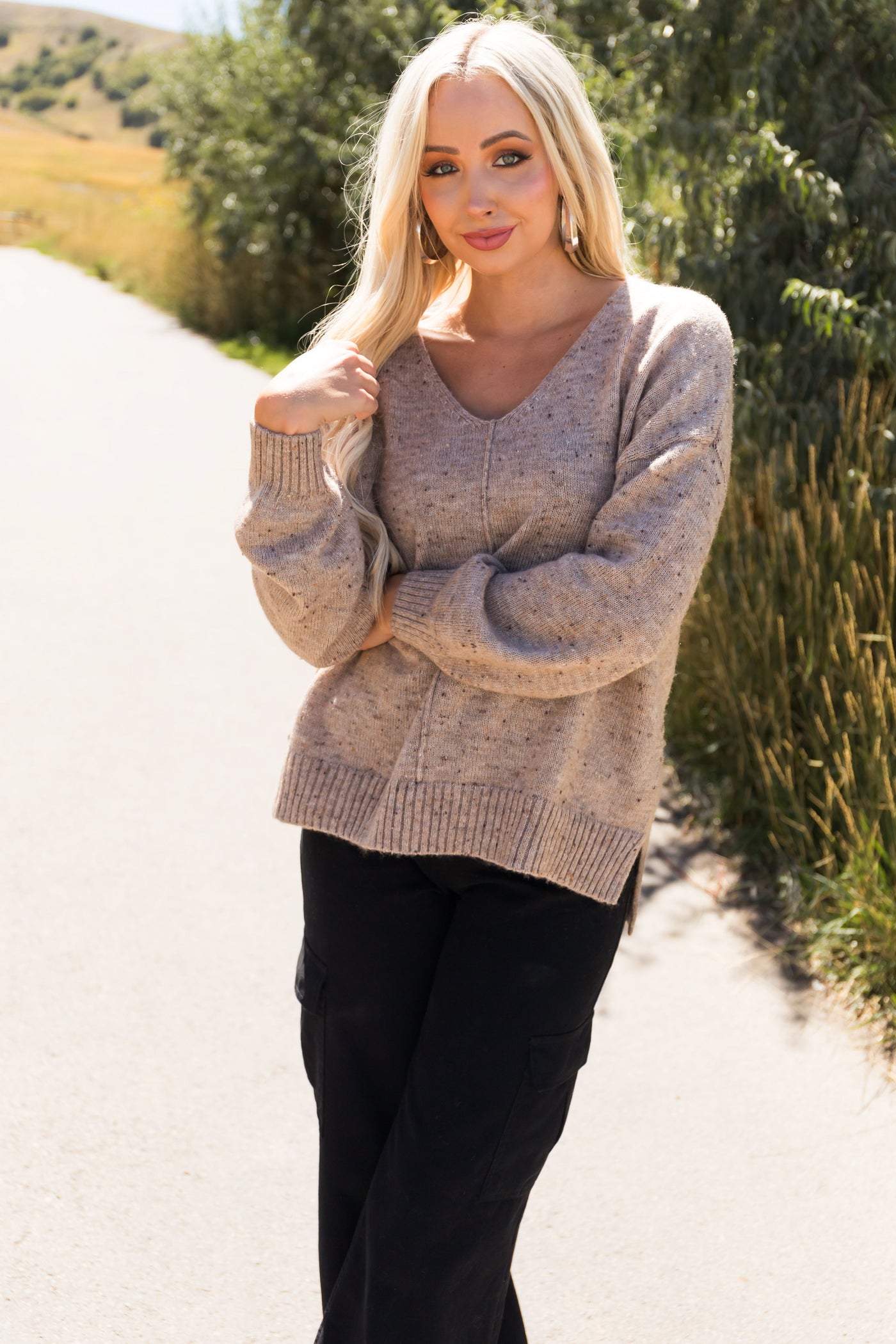 Latte V Neck Speckled Knit Sweater