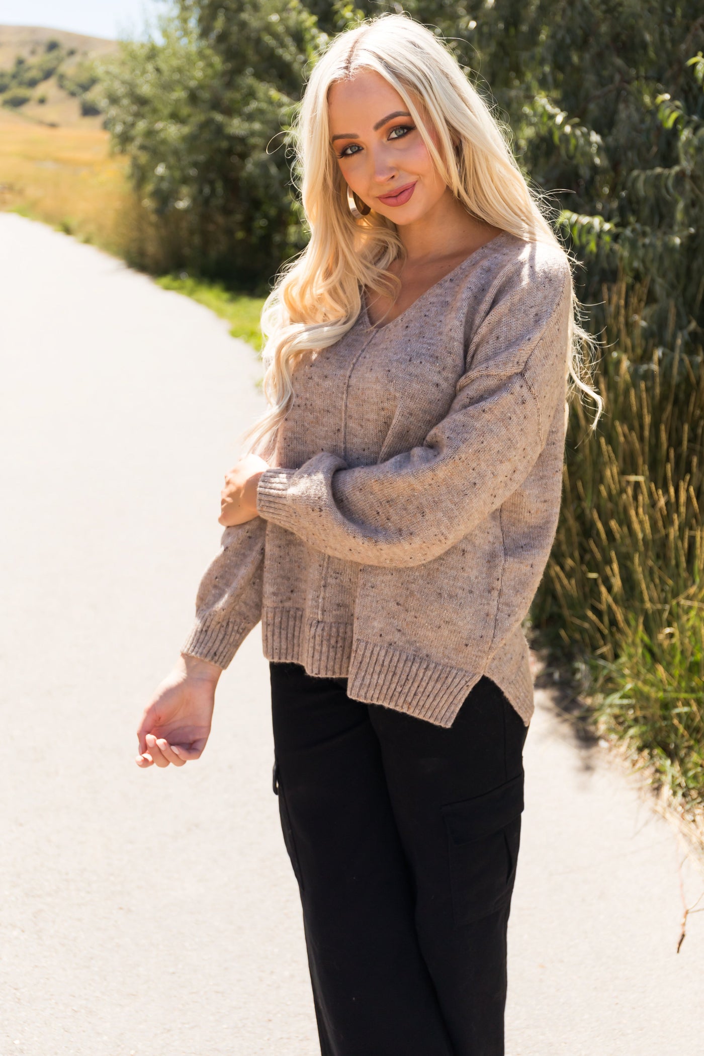 Latte V Neck Speckled Knit Sweater