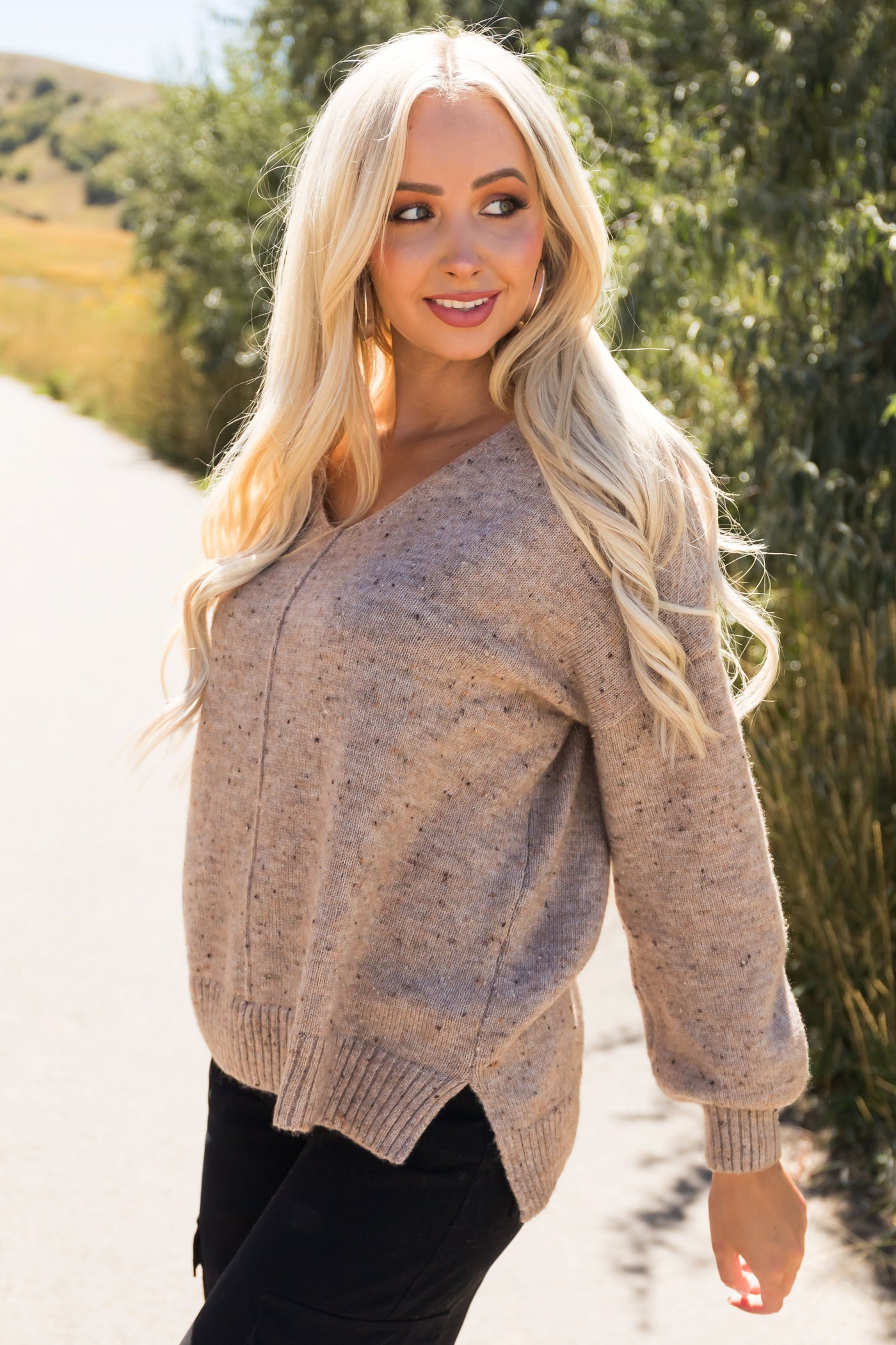 Latte V Neck Speckled Knit Sweater