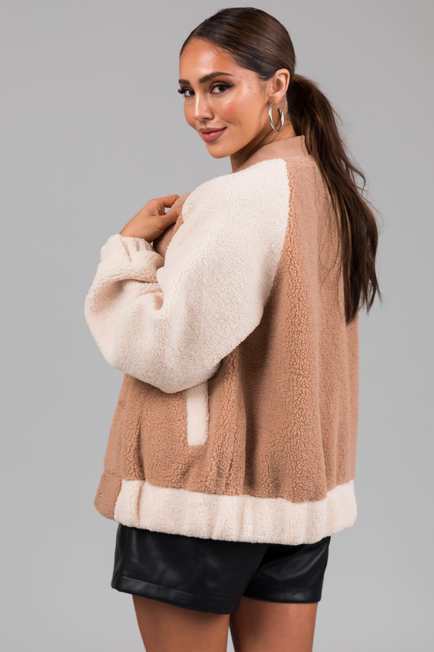 Latte and Cream Contrast Sherpa Jacket