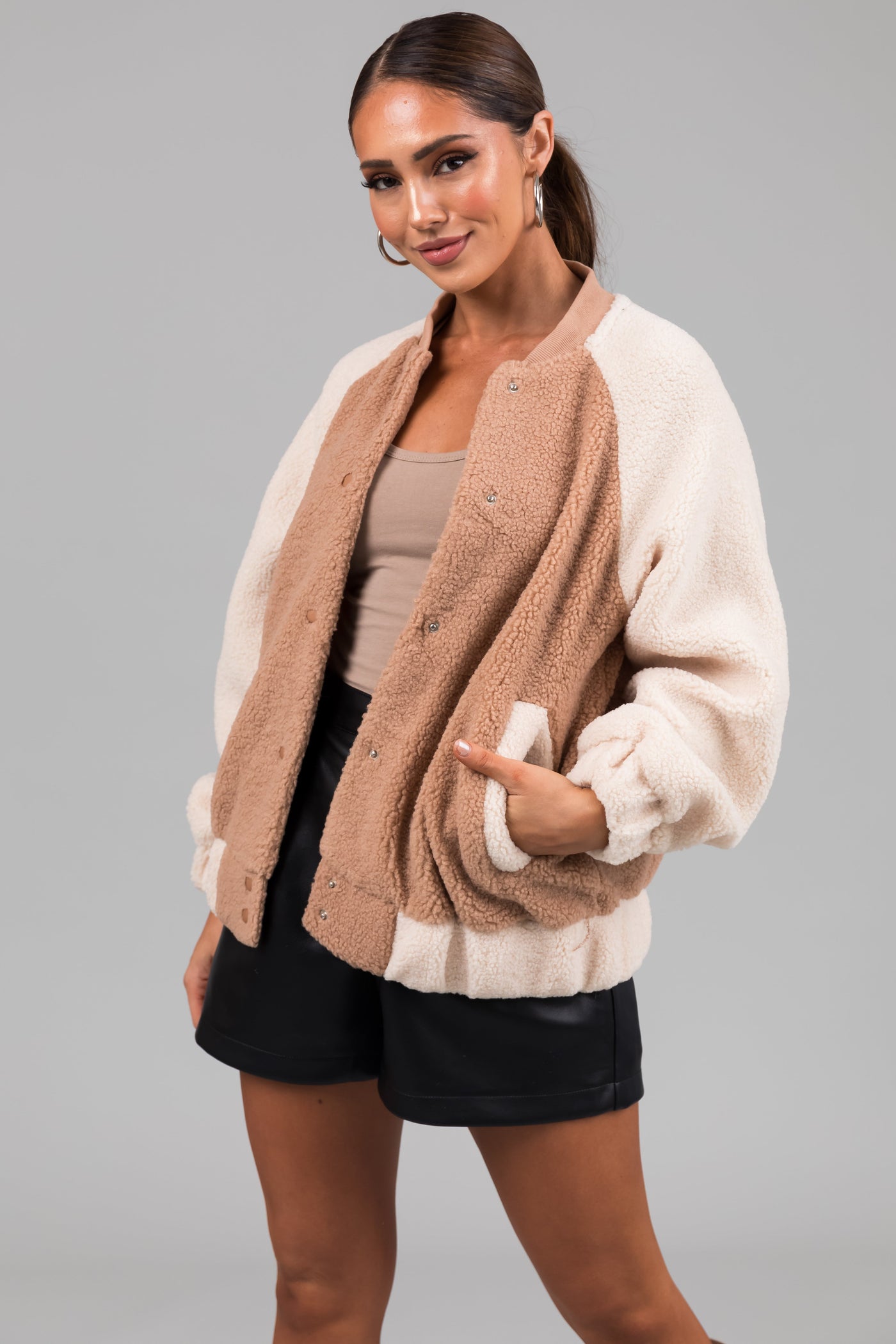 Latte and Cream Contrast Sherpa Jacket