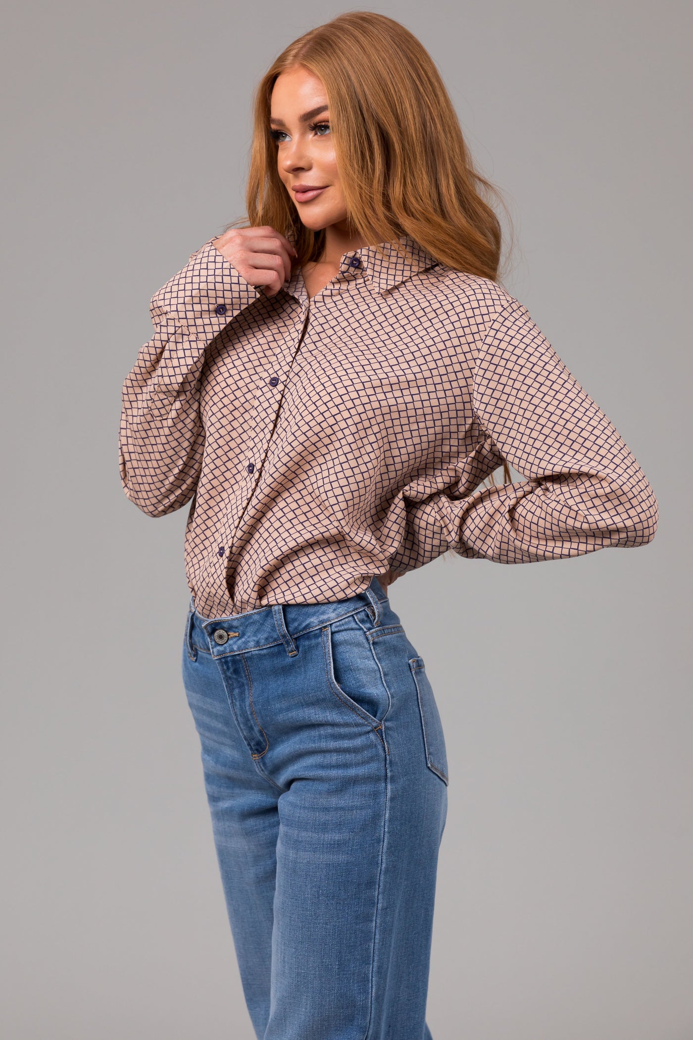 Latte and Navy Honeycomb Patterned Blouse
