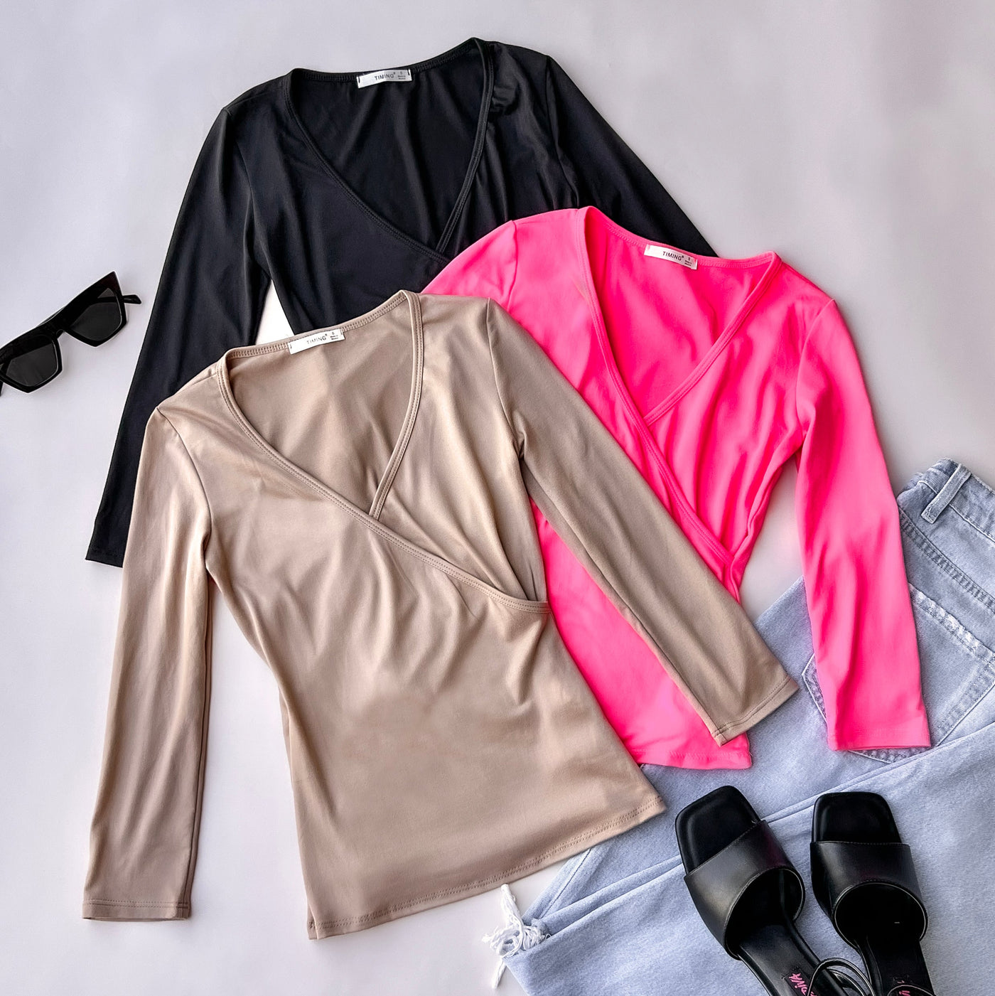 Latte 3/4 Sleeve Surplice Brushed Knit Top