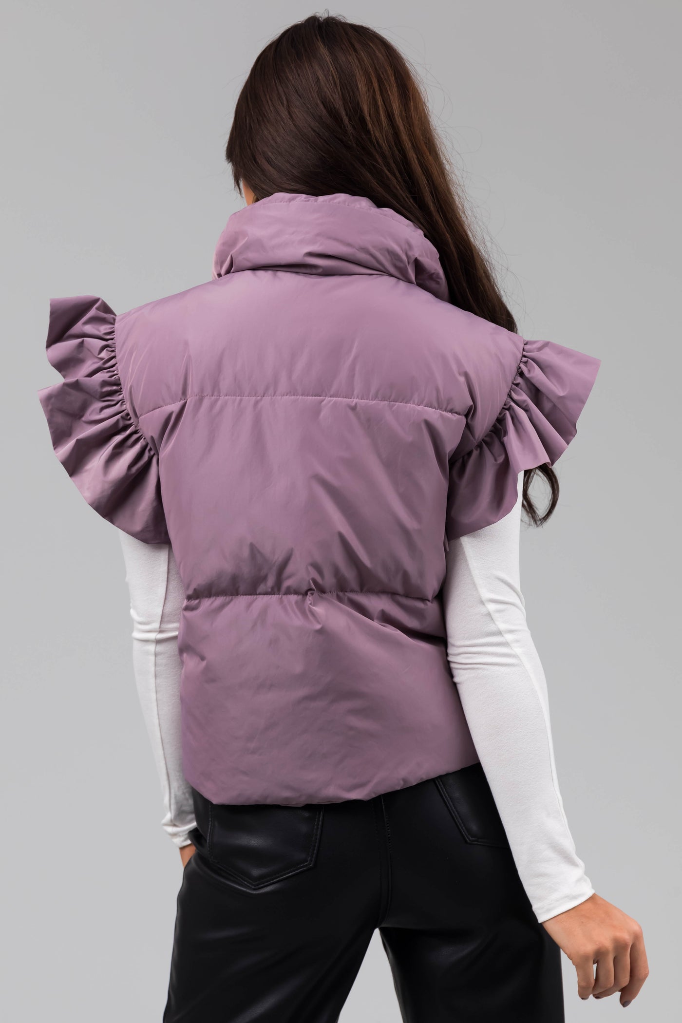 Lavender Snap Button Ruffle Puffer Vest