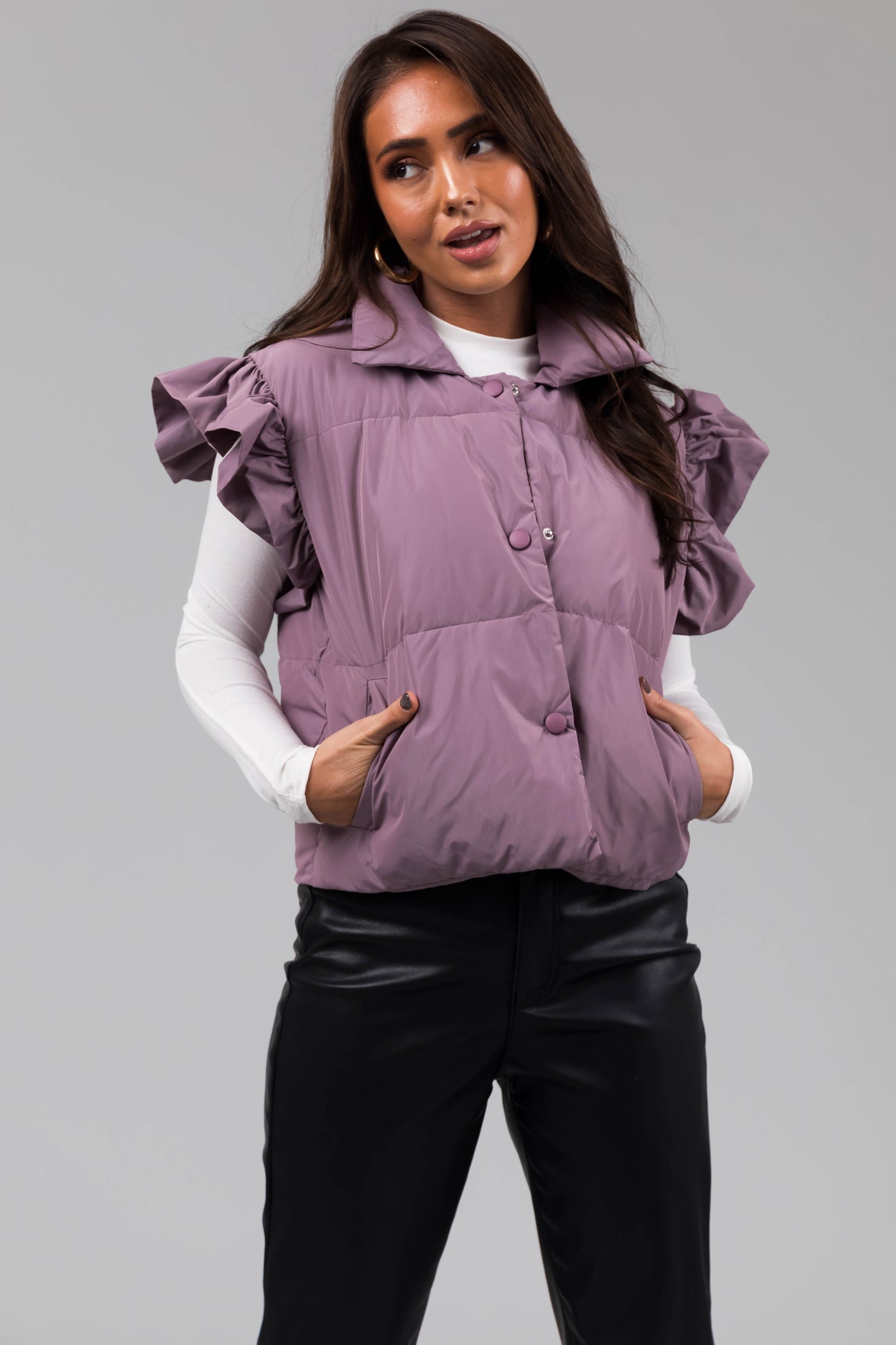 Lavender Snap Button Ruffle Puffer Vest