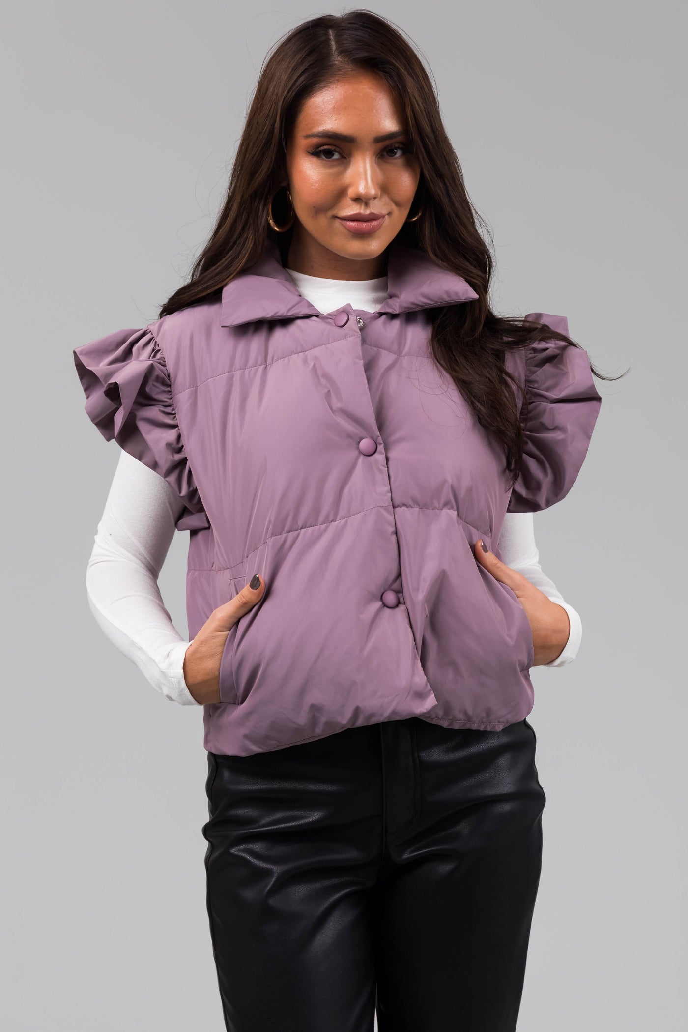 Lavender Snap Button Ruffle Puffer Vest