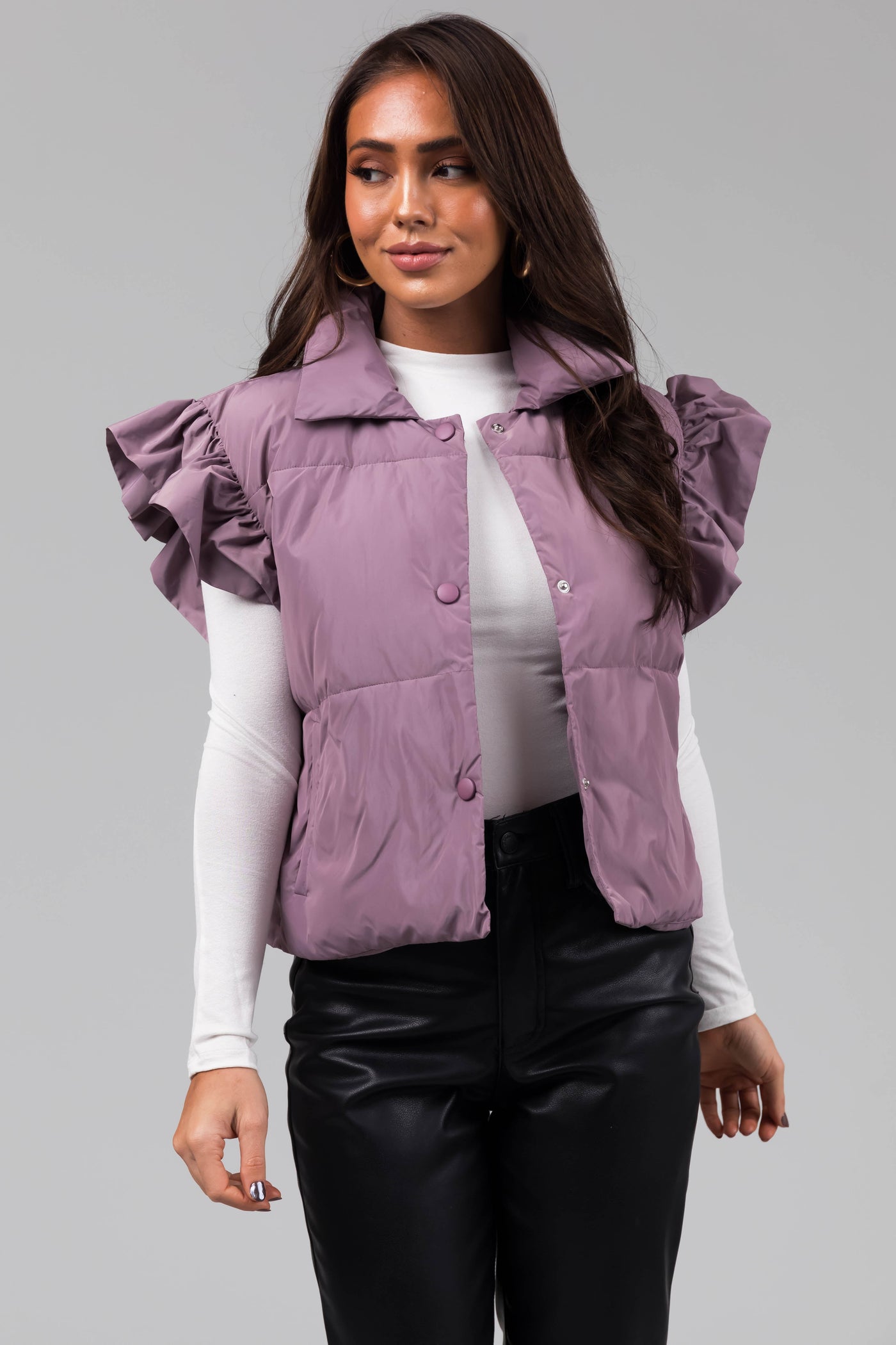 Lavender Snap Button Ruffle Puffer Vest