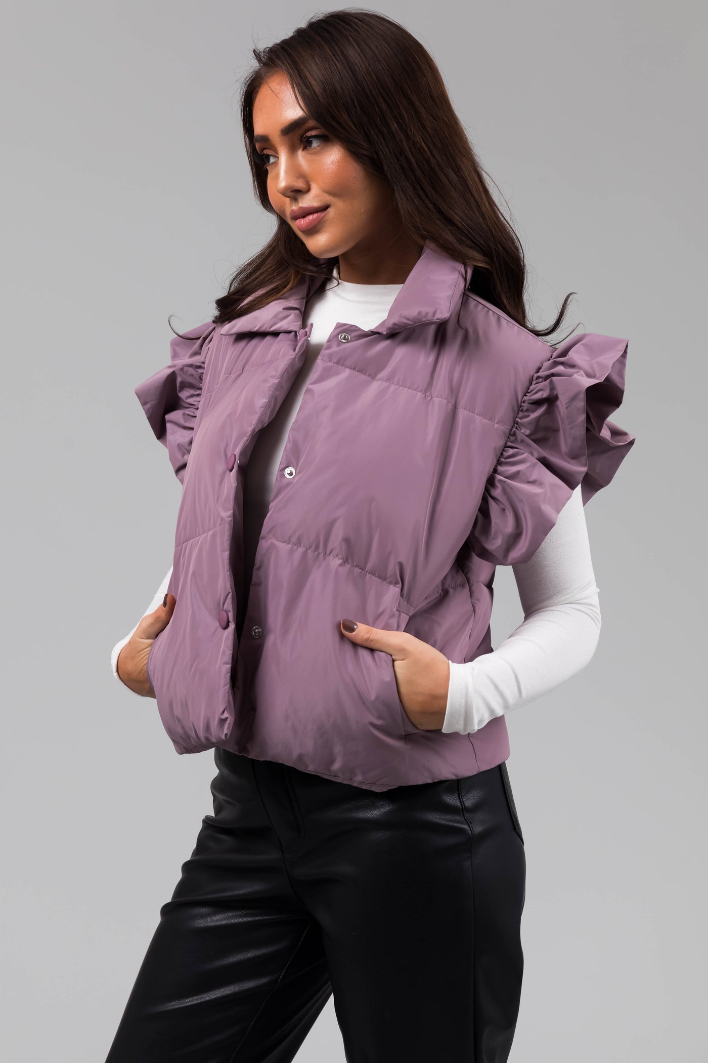 Lavender Snap Button Ruffle Puffer Vest