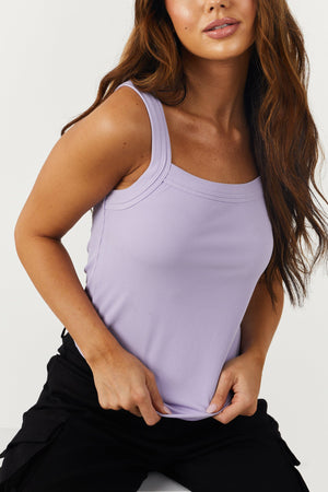 Lavender Square Neck Tiered Trim Knit Tank Top