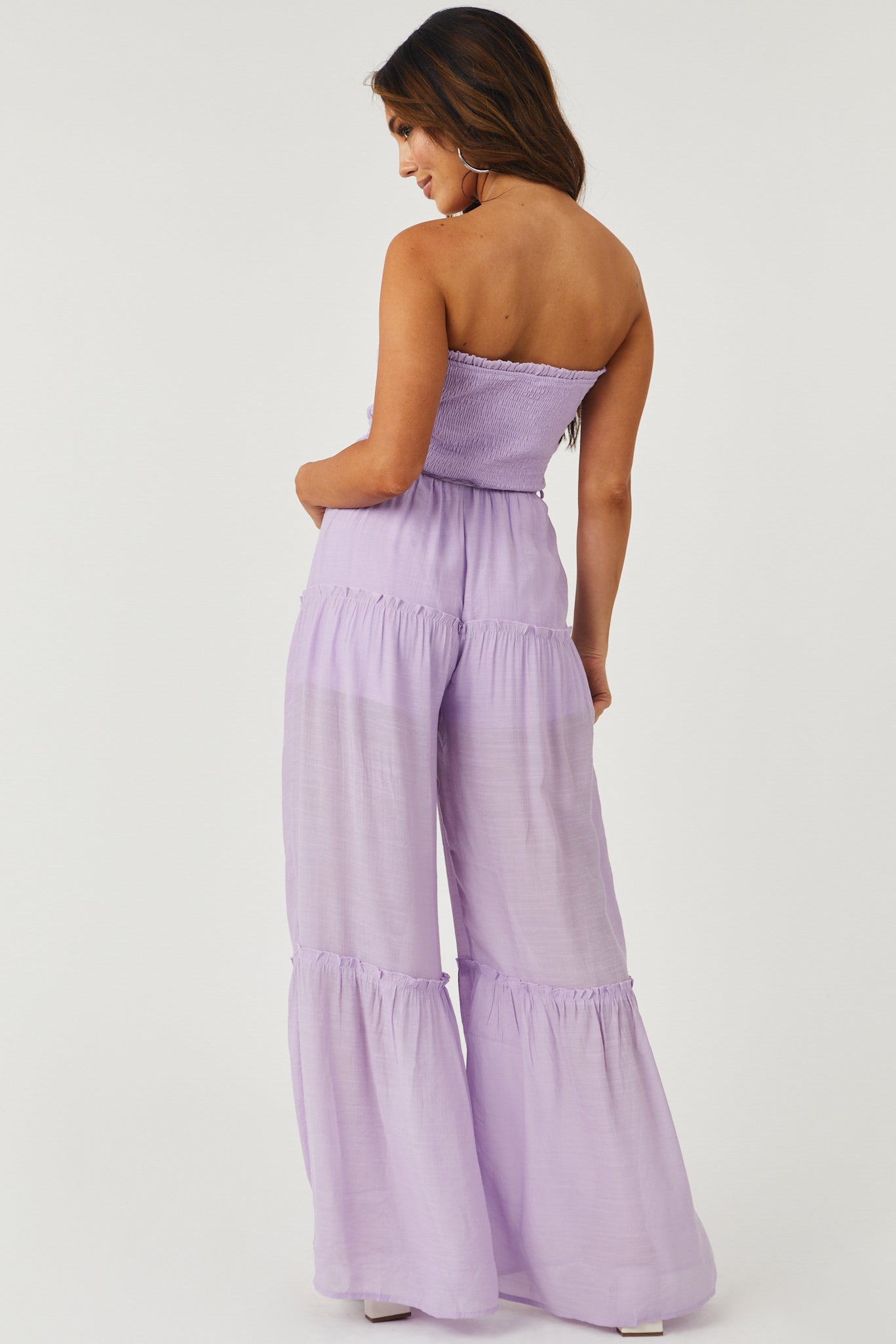 Lavender Strapless Smocked Jumpsuit with Tie Detail