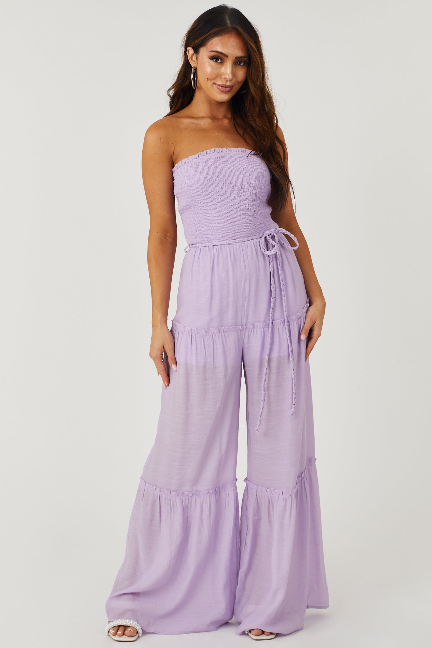 Lavender Strapless Smocked Jumpsuit with Tie Detail