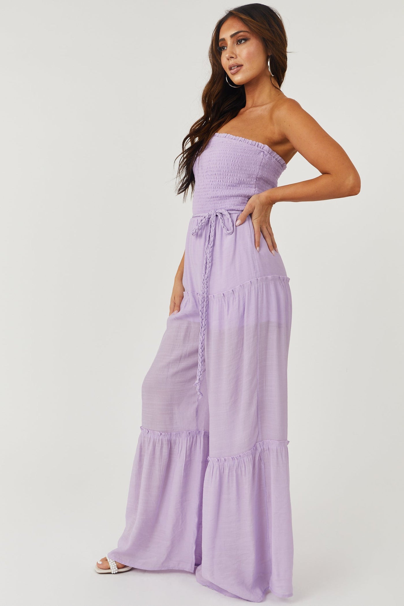 Lavender Strapless Smocked Jumpsuit with Tie Detail