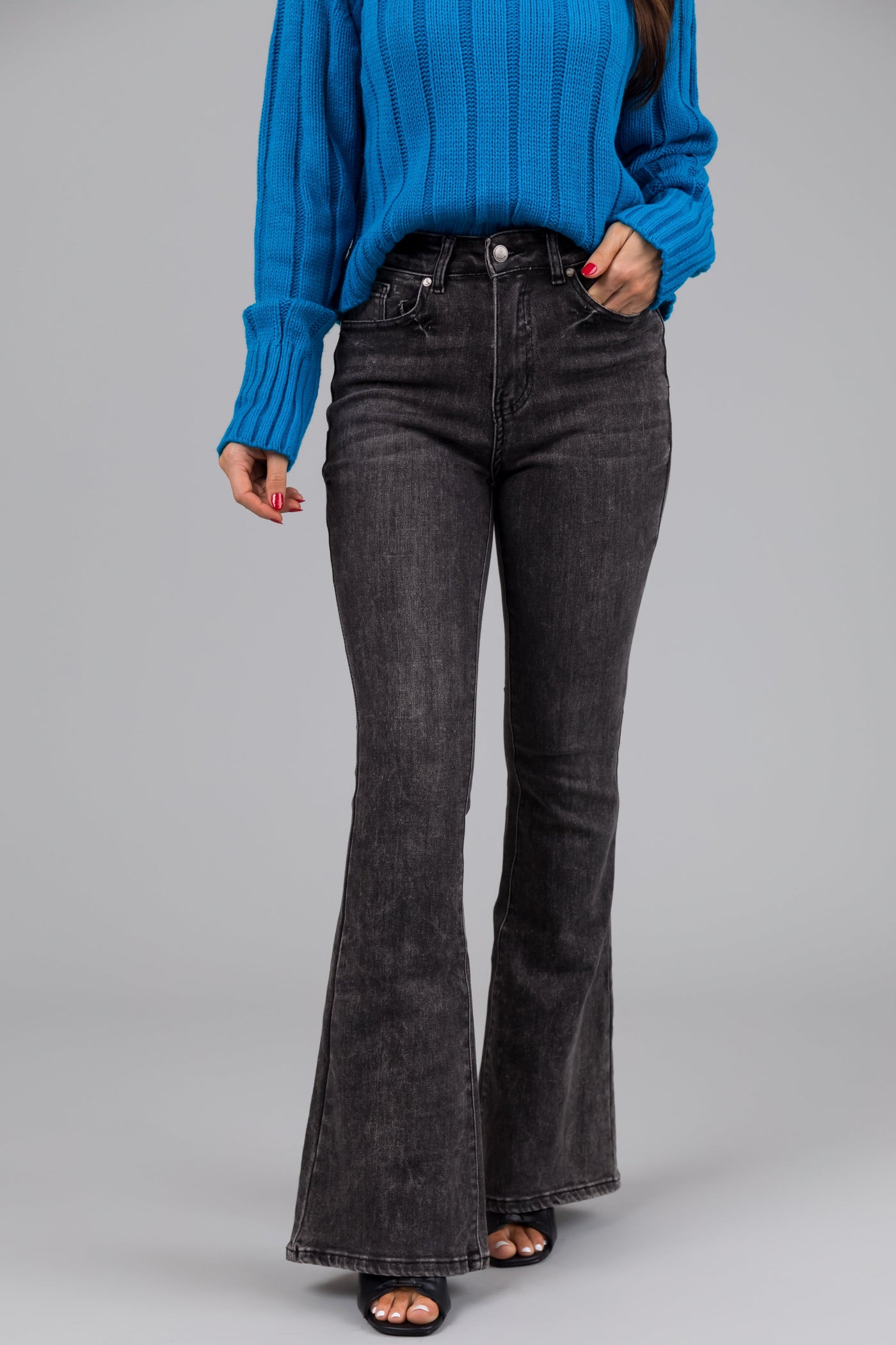 Legend Black Acid Wash High Rise Flare Leg Jeans