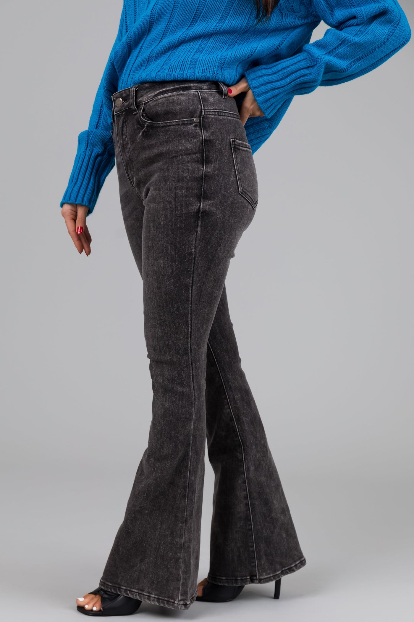 Legend Black Acid Wash High Rise Flare Leg Jeans