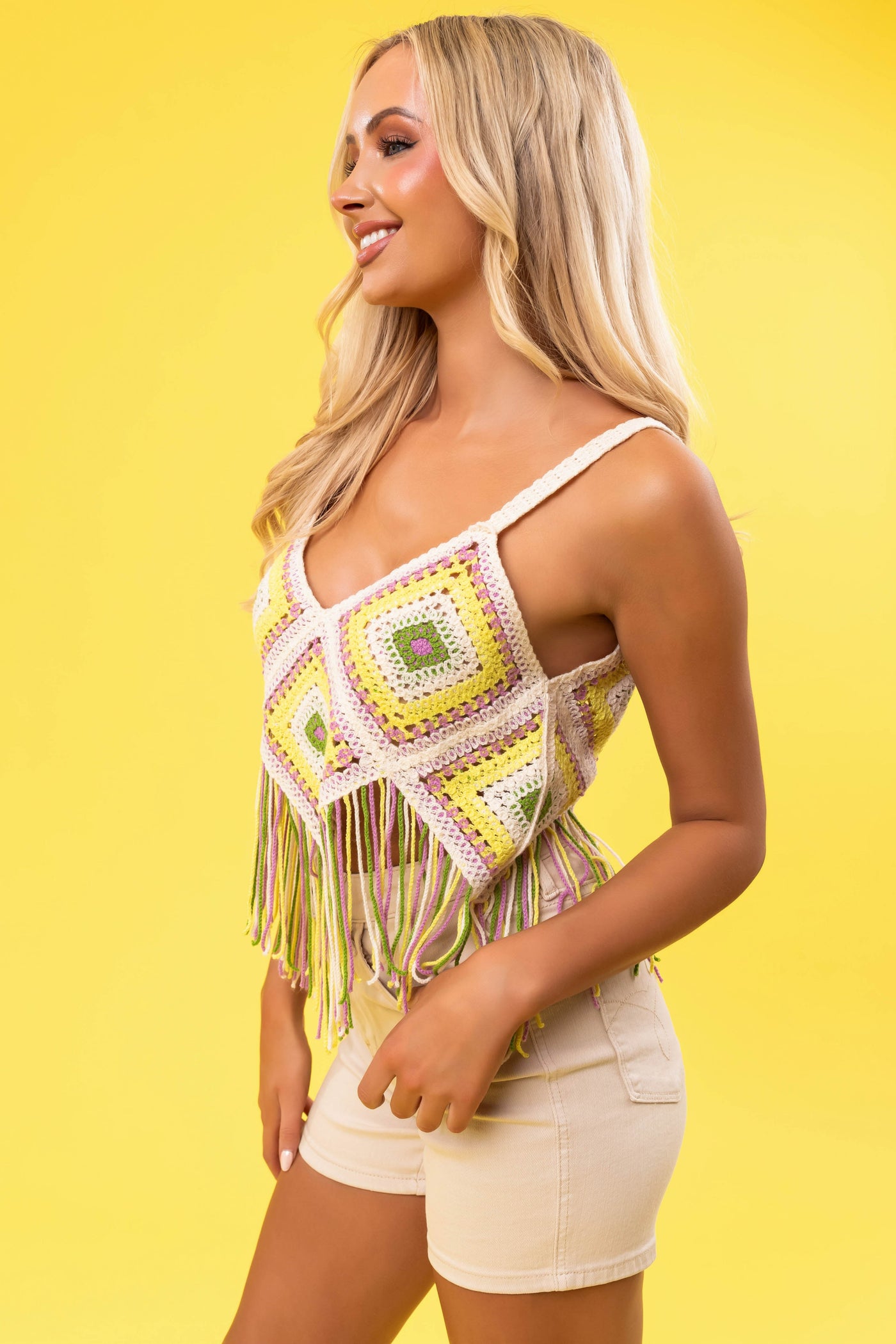 Lemon Multicolor Crochet Fringe Tank Top