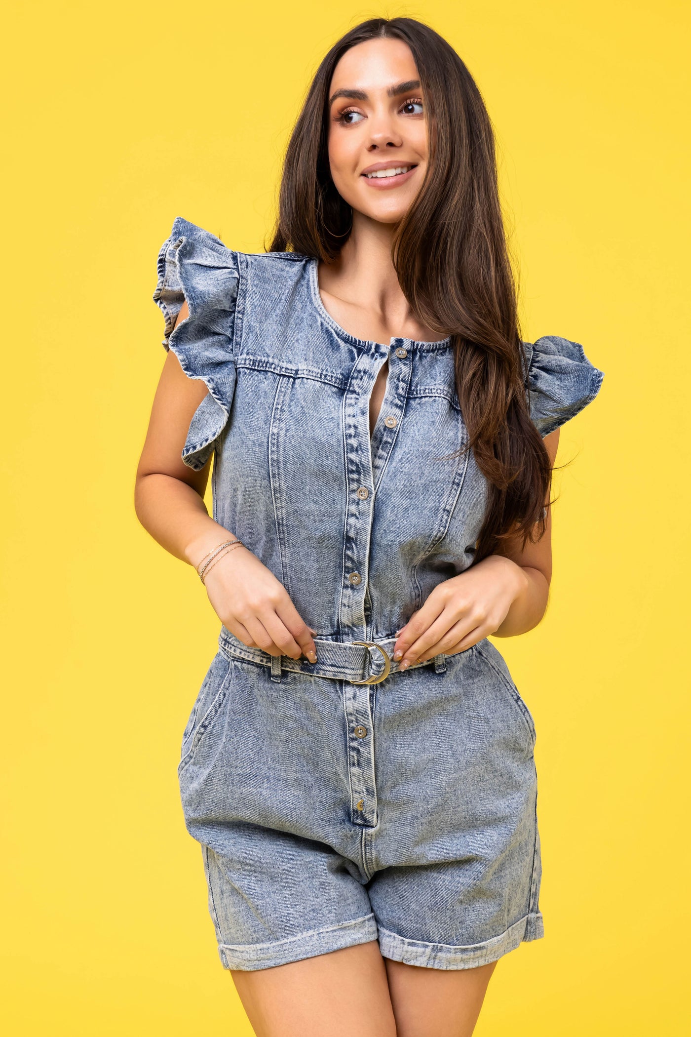 Light Acid Wash Denim Button Up Romper