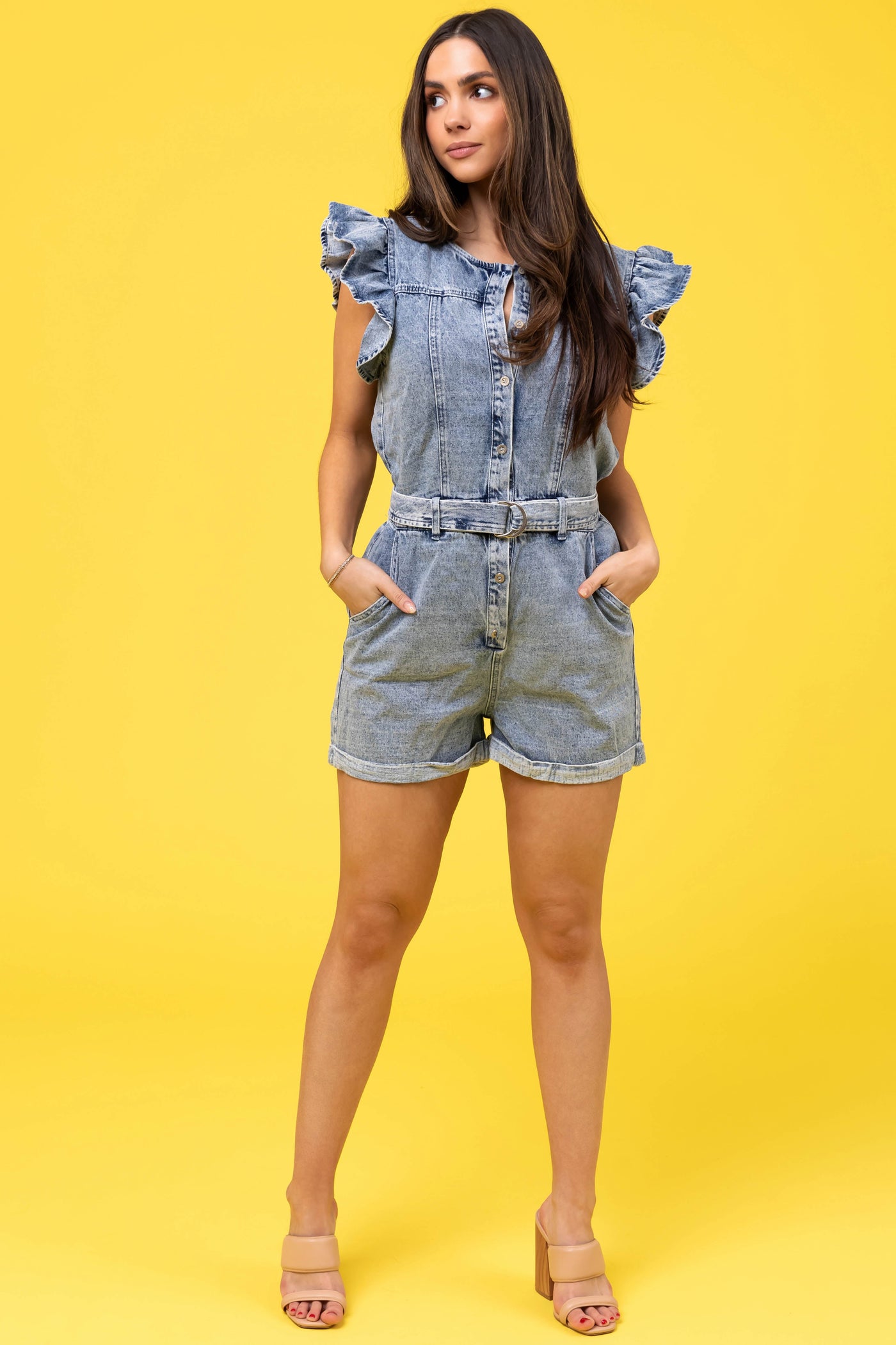 Light Acid Wash Denim Button Up Romper