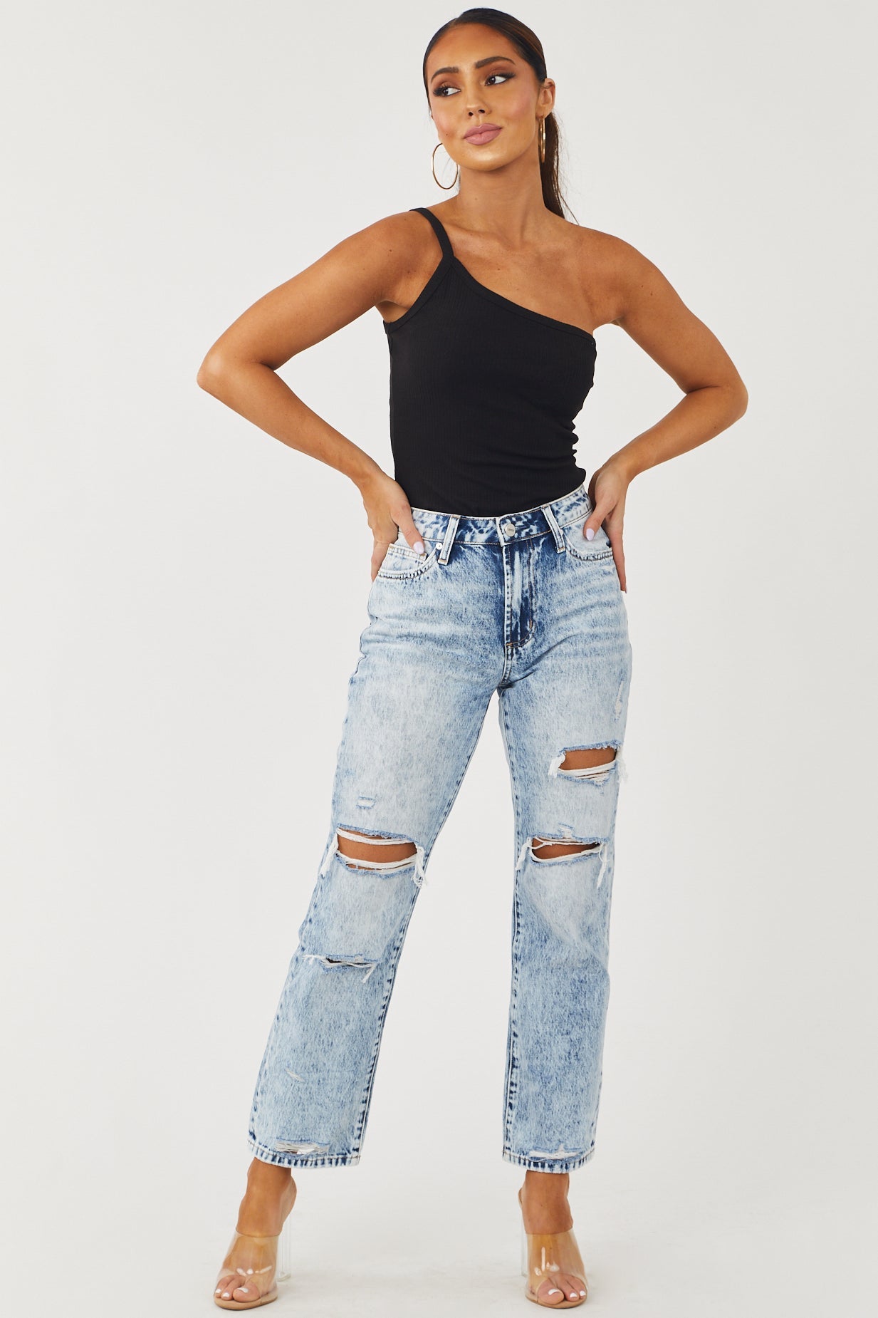 Light Acid Wash High Rise Ankle Straight Jeans