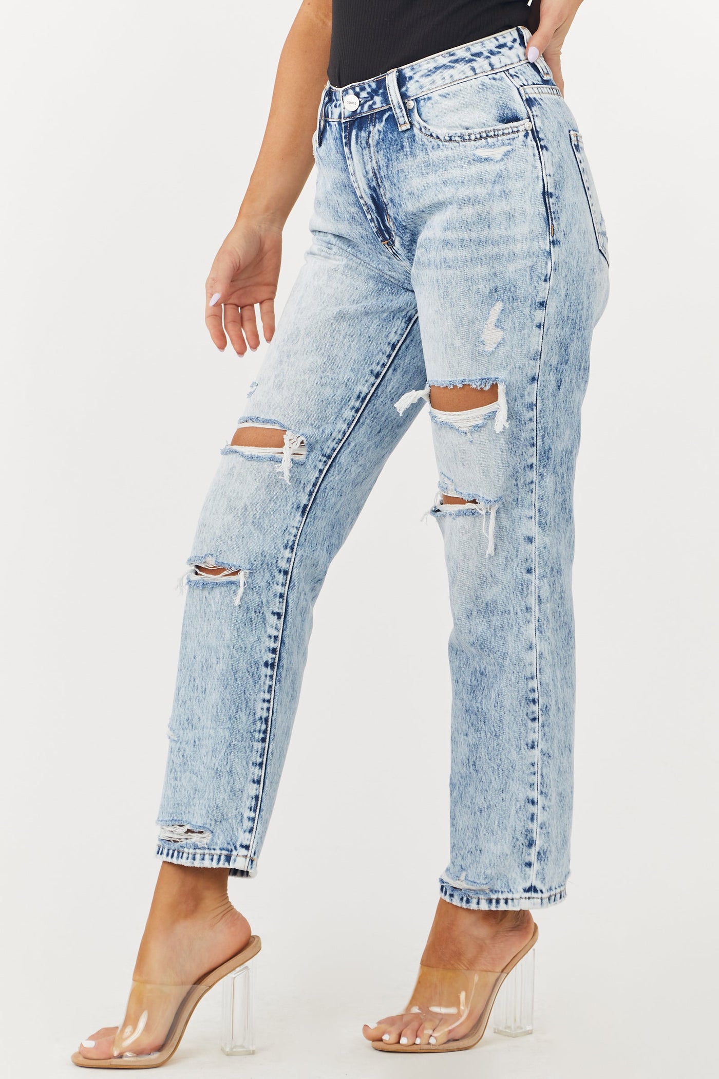 Light Acid Wash High Rise Ankle Straight Jeans