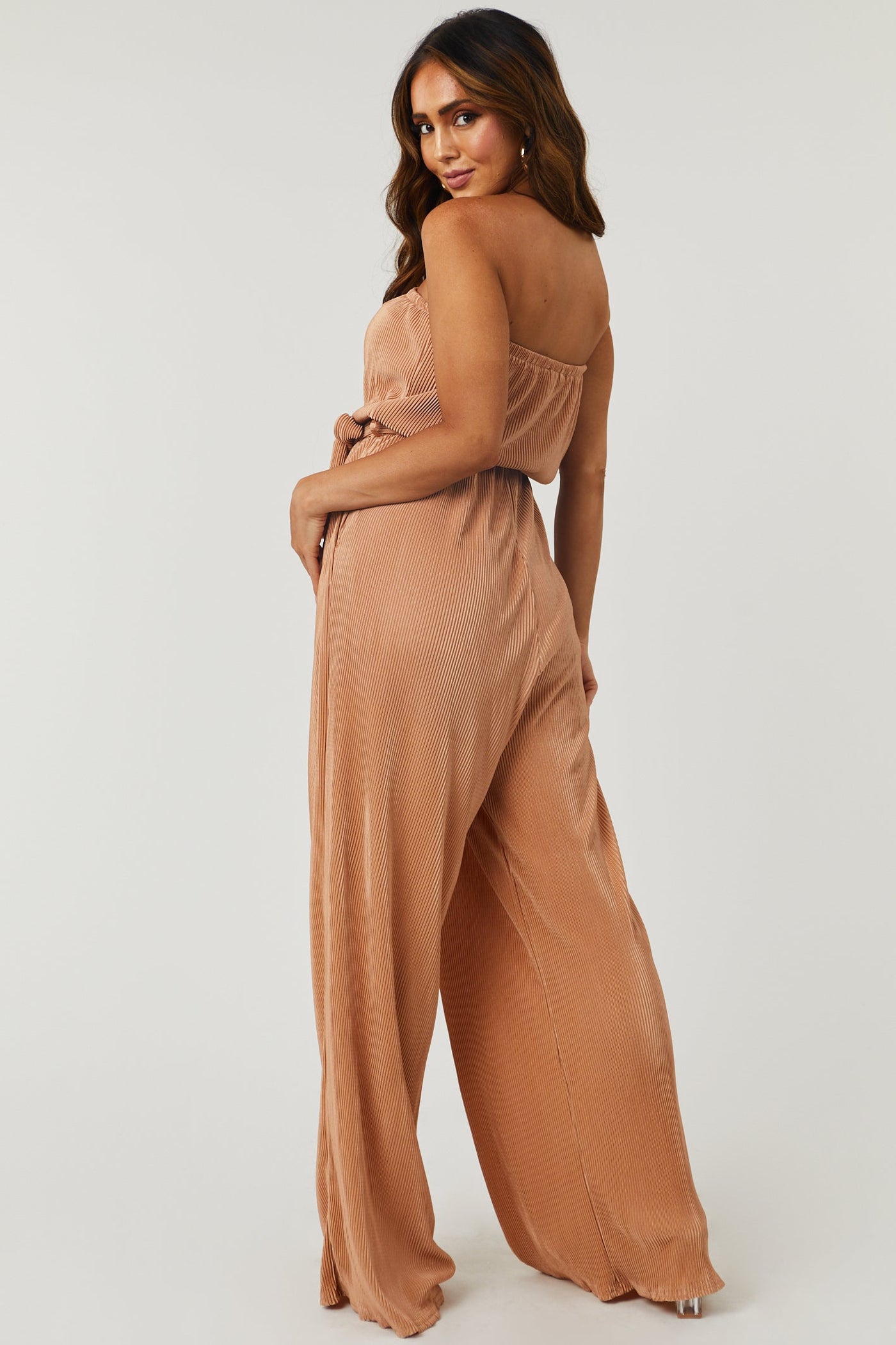 Light Copper Strapless Wide Leg Plisse Jumpsuit