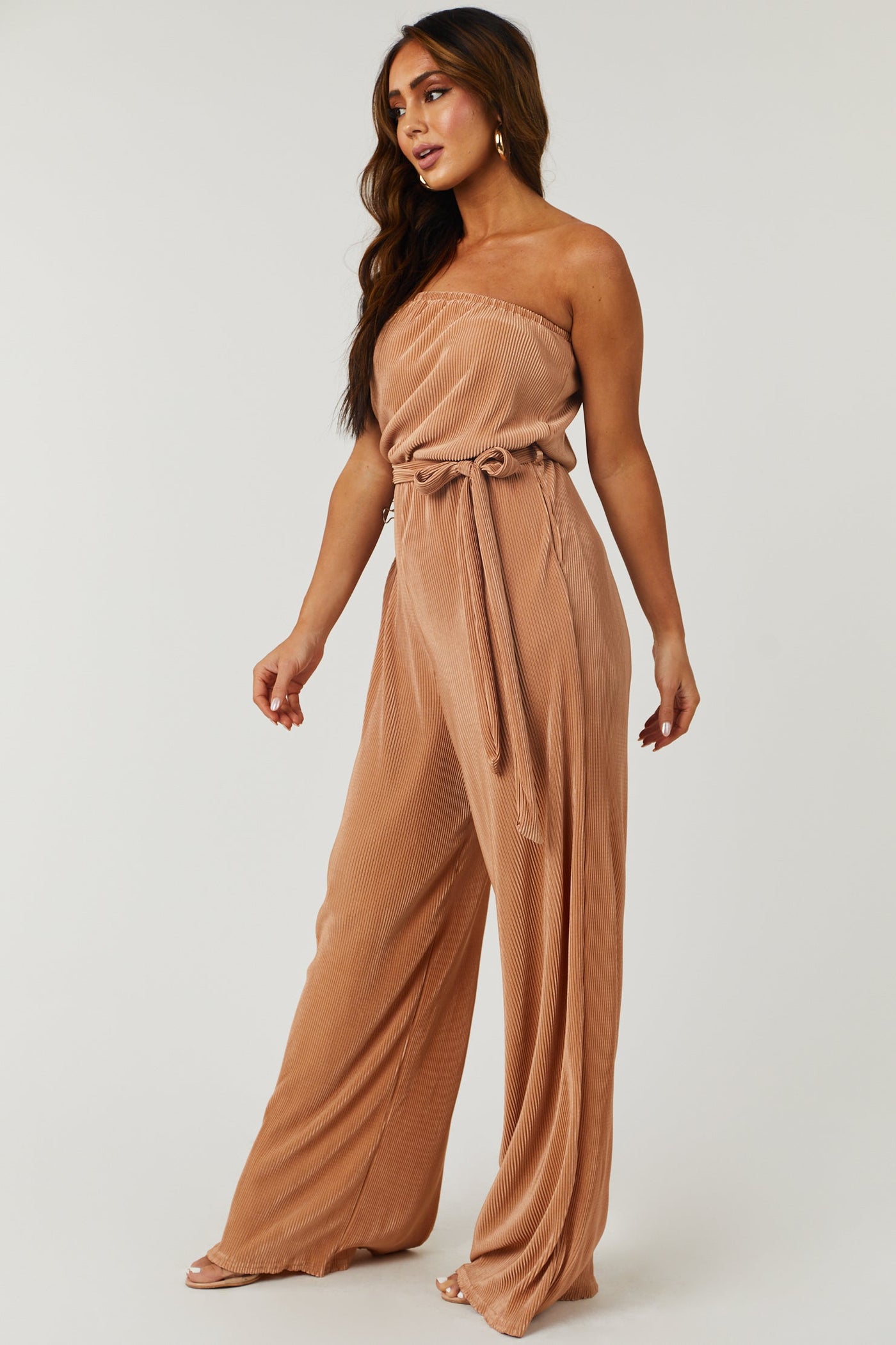 Light Copper Strapless Wide Leg Plisse Jumpsuit