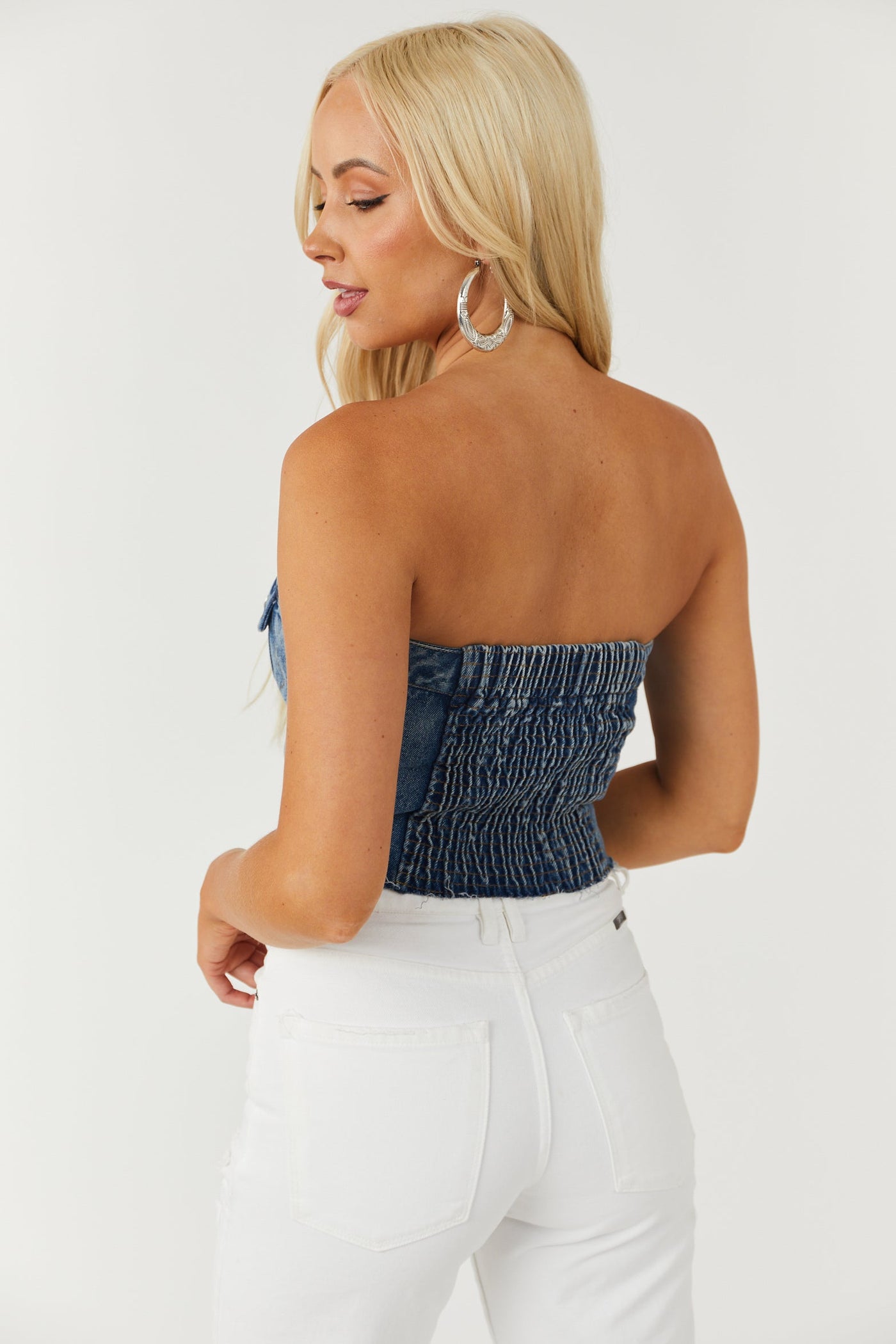 Light Denim Strapless Button Up Corset Top